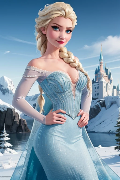 (masterpiece, best quality:1.2), Elsa, 1girl, solo, looking at viewer, blue dress, from frozen, cleavage, long white hair, blue skirt, blue eyes, sexy smirk, frozen castle, 