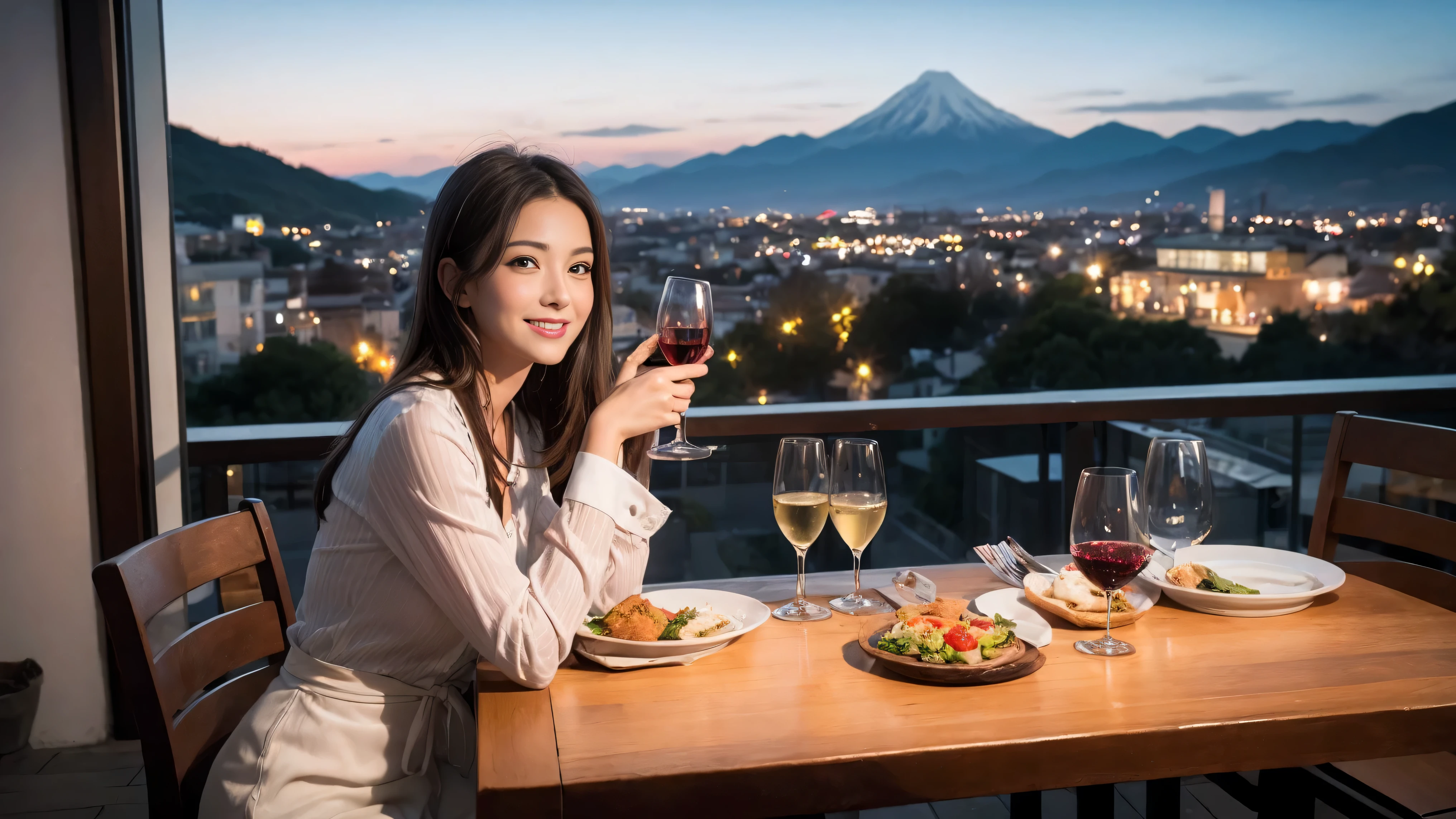 (K UHD, nffsw, top quality, table top: 1.2), (realistic, realistic: 1.37), Spectacular view of the sunset sky and clouds、Amazing mountain views、A bright smile、A lovely woman with a smile、The woman&#39;s face is bright、fox face、lady、Wine Party、hors d'oeuvre、Italian food、2 beauties、brown hair、shortcut、long sleeve shirt、winter fashion、dress、Japanese、Englishman、Dutch、German、Belgian、Italian、French,wine bottle、hors d'oeuvre、Champagne、sparkling wine、Pretty Woman 1, (slim face), (Because I&#39;m slender), (brown hair), (shortcut), cheeks turn a little red, (40 years old), 38 years old, attractive beauty、, A beautiful and detailed night view spreads out outside the window.........., restaurant, sitting in a wine glass, At night, in a prominent place (from the waist up) nova frog style, actress, model, Upper body, White wine, slim, wine glass, very beautiful night view, wine glass placed in the middle, Smile, (smile: 1.15), beautiful small eyes, 