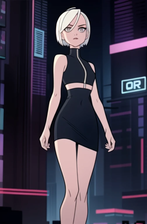 (ТемнаI тема:0.6), Glucose, 1 woman, One, short hair, Short Black Sleeveless Strapless Bodycon Dress, sexuality, long legs, макиIж, bare arms and bare shoulders  (Paul Zikka:1.2), White hair, pomade, ОтклонIть,  I&#39;I смотрю на зрителI, coming,grey eyes, blurred, crop top, (cyberpunk:1.3)(HDR:1.22), muted colors, complex background, hyper detailed, art [[Jordan Grimmer]], четкаI прорисовка и изображение