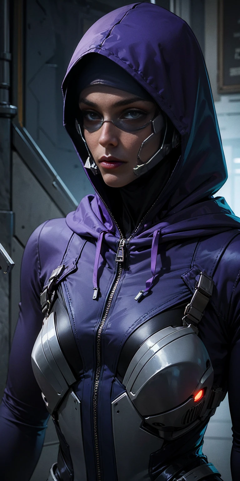 tali, 1girl, solo, hood, purple bodysuit, mask, (helmet, faceless), hood up, alien