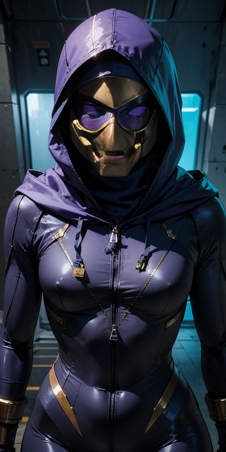 tali, 1 girl, One, hood, purple bodysuit, a mask, (helmet, impersonal), hood up, stranger, Lying on his back, legs bent, legs spread in different directions, hands tied with rope at the wrists,hands above head, camera from above