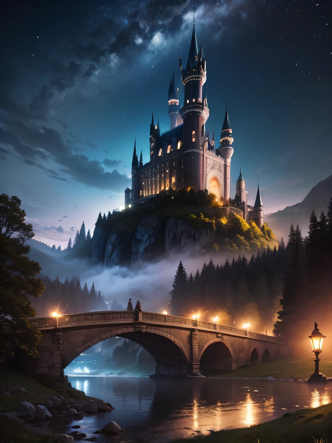 magic meadow at night in the foreground, starry sky, behind a bridge, Hogwarts castle on the horizon, bright flashes and spells everywhere.