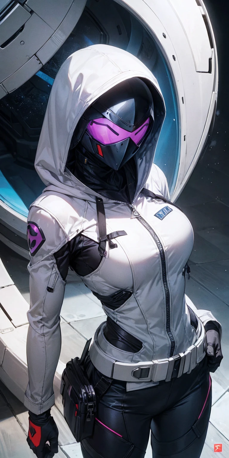 tali, 1girl, solo, hood, purple bodysuit, mask, (helmet, faceless), hood up, alien