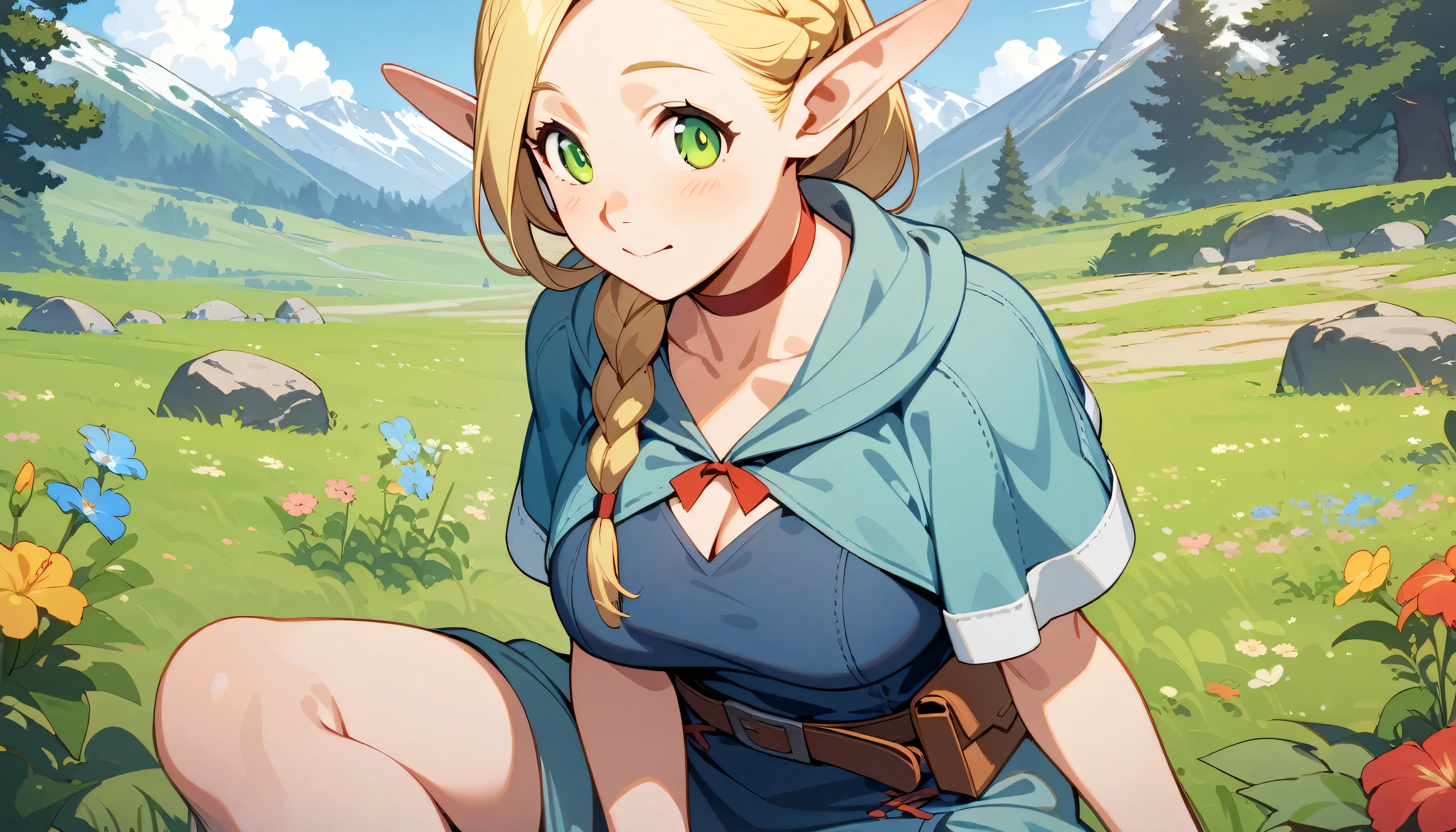 masterpiece, best quality, pointy ears, braid, solo, green eyes, elf, blonde hair, choker, 1girl, long hair, hair over shoulder, single braid, , in the meadow, mountains, day,  , , wallpaper,sit onstone, cute, vibes, flowers, trees, big tits