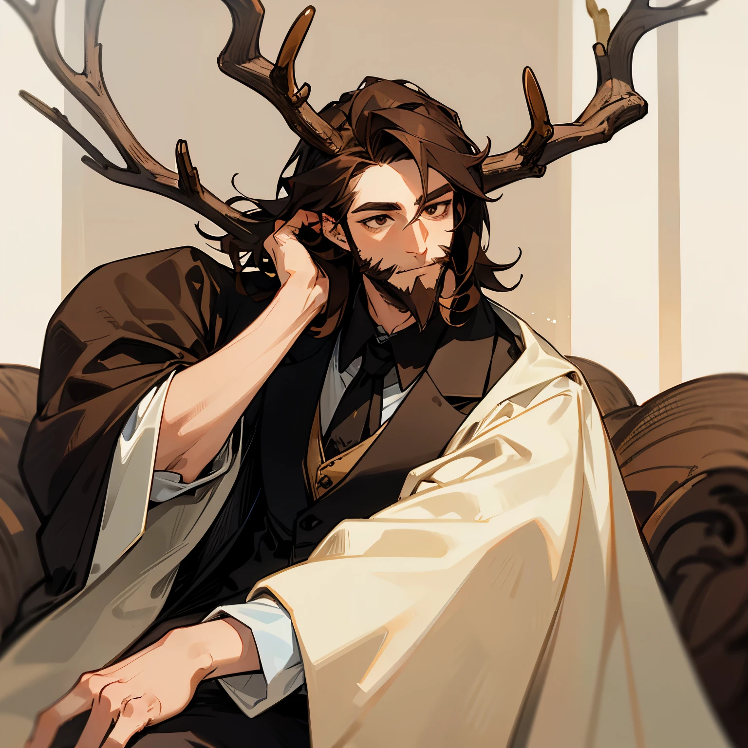 Male hybrid of deer and human with dark brown hair with large antlers a few freckles with short beard slender and dressed in formal medieval costume