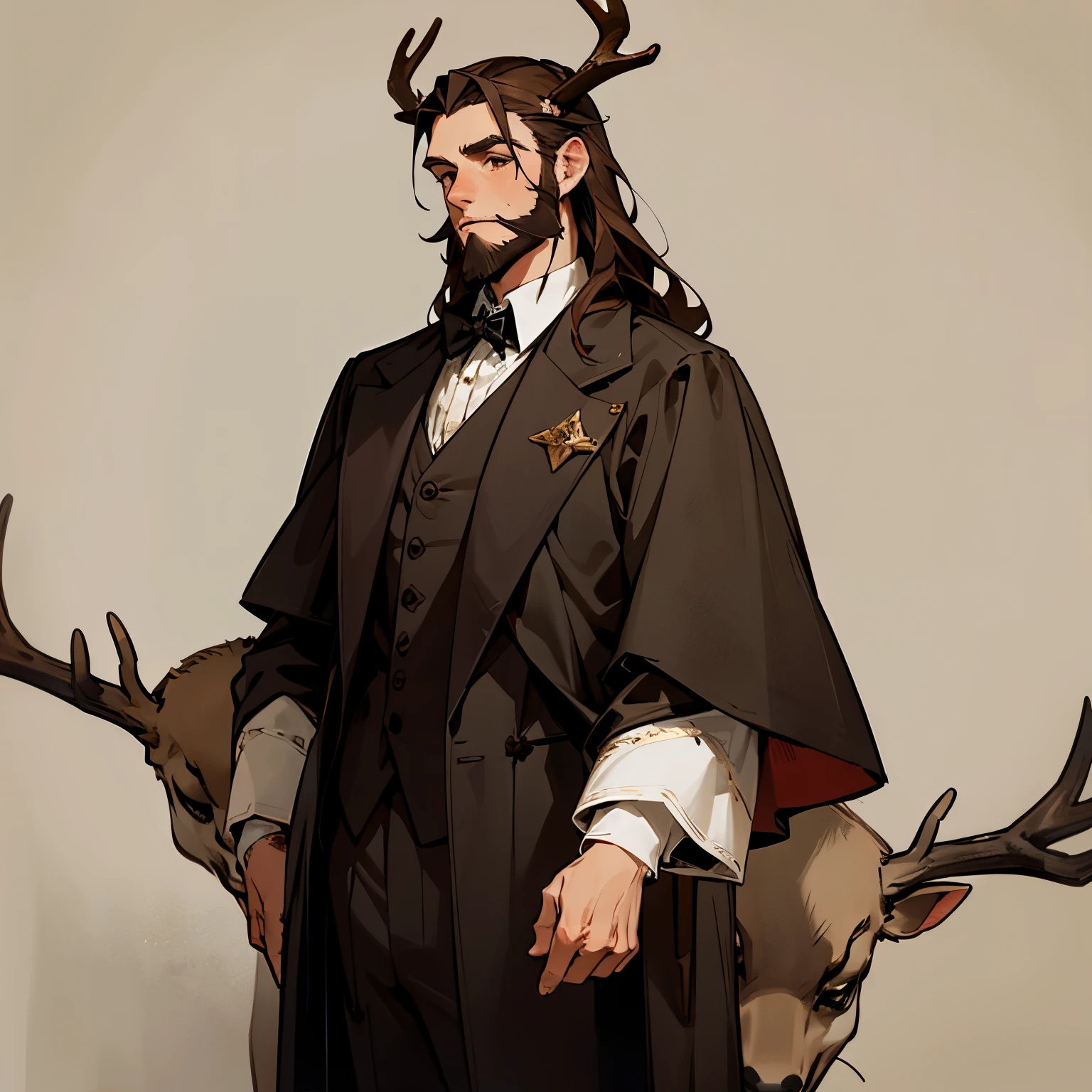 Male hybrid of deer and human with dark brown hair with large antlers a few freckles with short beard slender and dressed in formal medieval costume