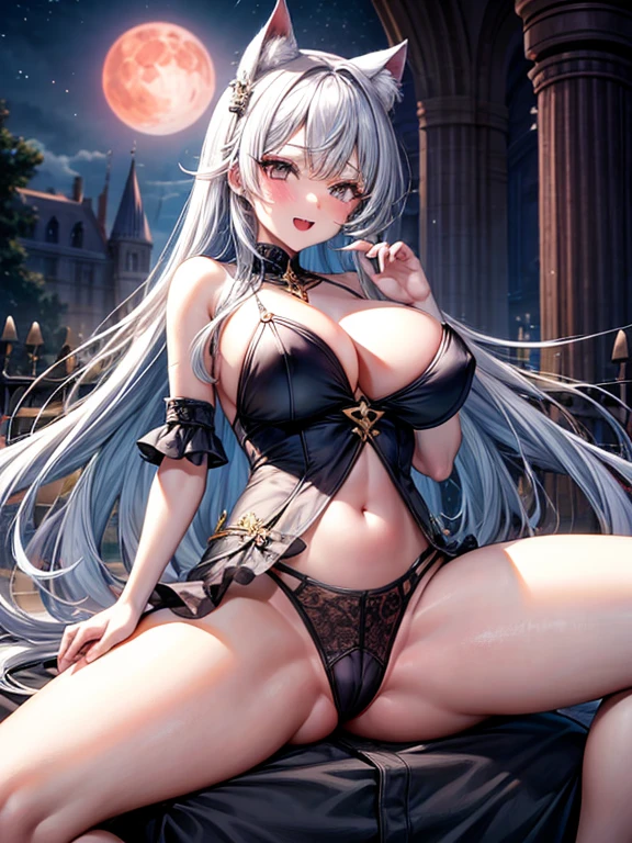 ultra detailed,(masterpiece, best quality), 1girl, 1boy, couple, sex, best quality, , 1girl,Vampire girl, wedding dress, exposed breasts, huge breasts, Laughing wildly at the sky, (showing fangs:1.1), spread legs, red moon, night sky, ancient castle in the background,golden hair (1boy), sex, (hetero), (upright straddle), straddling