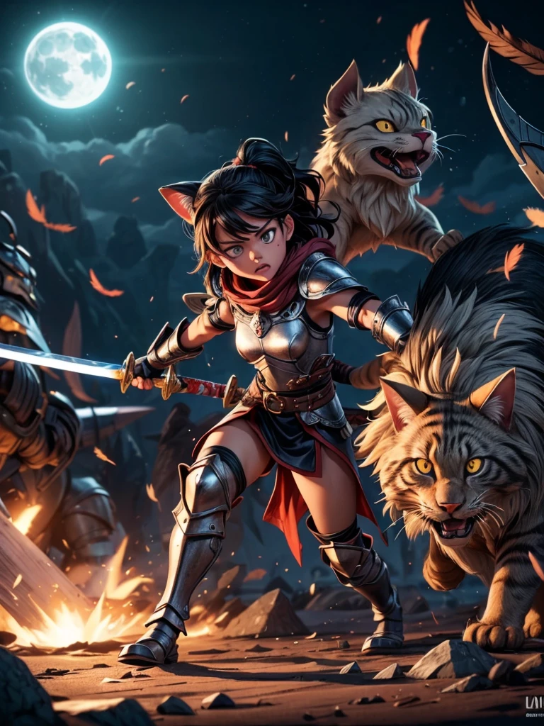 Cat Knight,dog knight,knights' fierce battle,moonlit battlefield,heroic fight,armor and swords,glowing eyes,intense action,clashing weapons,blood-stained fur,flying sparks,showdown,brave warriors,midnight duel,martial arts stances,dynamic poses,epic confrontation,roaring warriors,head-on collision,war-torn landscape,determination in their eyes,ferocious battle cries,sword slashes and parries,feathers floating in the air,defensive maneuvers,warrior's honor,unyielding spirit,swordfish-shaped helmets,sharp claws and teeth,bravery and valor,swift movements,silent shadows,shimmering moonlight(best quality,4k,8k,highres,masterpiece:1.2),ultra-detailed,(realistic,photorealistic,photo-realistic:1.37),HDR,UHD,studio lighting,physically-based rendering,professional,vivid colors,bokeh,concept artists,moonlit color palette,dramatic lighting,contrasting colors.