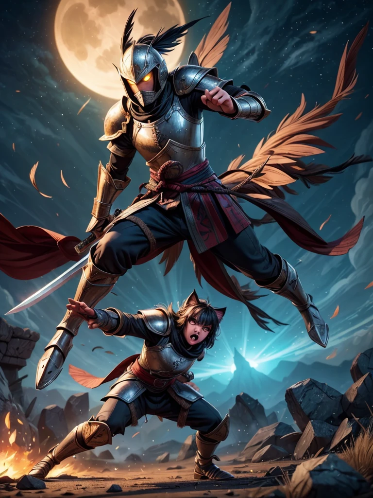 Cat Knight,dog knight,knights' fierce battle,moonlit battlefield,heroic fight,armor and swords,glowing eyes,intense action,clashing weapons,blood-stained fur,flying sparks,showdown,brave warriors,midnight duel,martial arts stances,dynamic poses,epic confrontation,roaring warriors,head-on collision,war-torn landscape,determination in their eyes,ferocious battle cries,sword slashes and parries,feathers floating in the air,defensive maneuvers,warrior's honor,unyielding spirit,swordfish-shaped helmets,sharp claws and teeth,bravery and valor,swift movements,silent shadows,shimmering moonlight(best quality,4k,8k,highres,masterpiece:1.2),ultra-detailed,(realistic,photorealistic,photo-realistic:1.37),HDR,UHD,studio lighting,physically-based rendering,professional,vivid colors,bokeh,concept artists,moonlit color palette,dramatic lighting,contrasting colors.