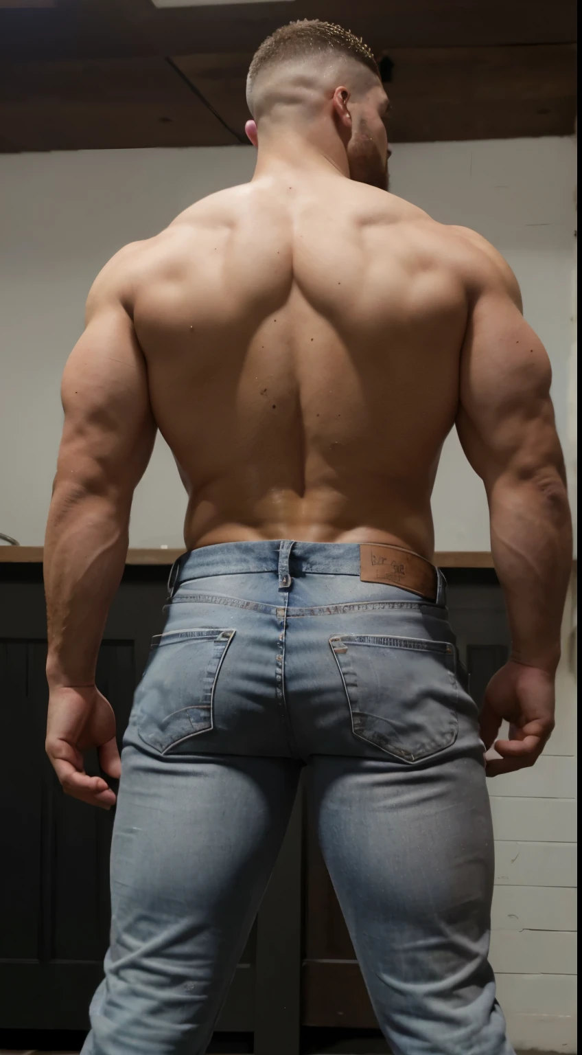 pieza masetero、fornido、FOTO DE CUERPO COMPLETO、25 years、jugadores de rugby、Salvaje、bbw、muscular、macho、gente masculina、de pelo corto、Corte desvanecido. full body. , Bubble butt, naked . Gray jeans . Canelo Alvarez backside