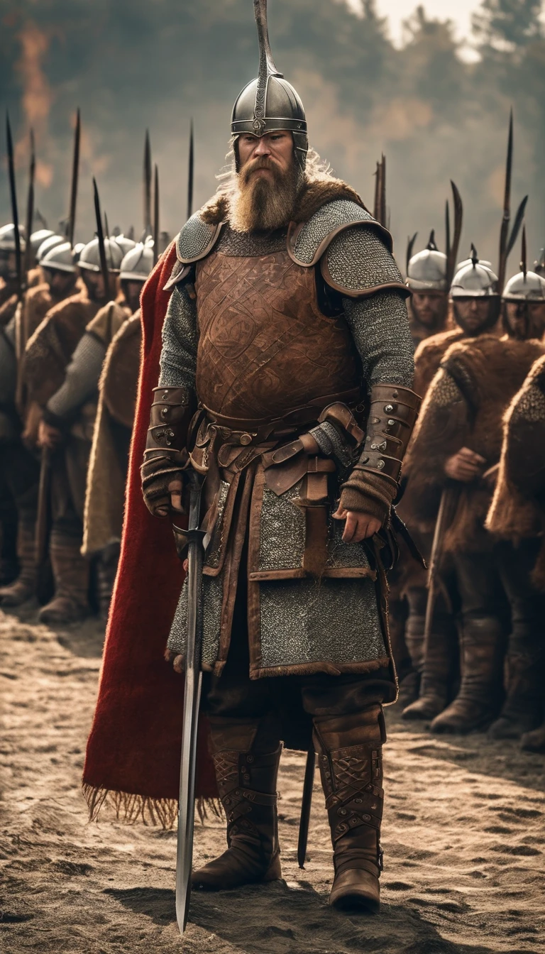 Arafed man in armor standing in front of a line of soldiers, VIQUINGUES, Cultura Viking, guerreiro Viking, Guerreiro Viking antigo, an epic viking battle scene, viking and templar aesthetics, estilo Viking, norse warrior, armadura Viking, epic viking king, traje Viking, wearing norse armor, armadura Viking detalhada, Viking, Rei Viking, usando roupas VIQUINGUES, epic realistic, Soft cinematic portrait, adobe lightroom, photographic lab, altamente detalhado, desbotado, (cores neutras: 1,2), (hdr: 1,4) , (cores suaves:1.2), hiperdetalhado, (artstation:1.4), cinemactic, luzes quentes, dramatic light, (detalhes intrincados:1.1), fundo complexo, (rutkowski:0.66), (azul e laranja:0.4), 8K, (best quality, ultra-detailed, realistic: 1.37), ancient art style, golden hues, evening sunlight, dramatic shadows, courageous poses, historical accuracy, war art, intense lighting