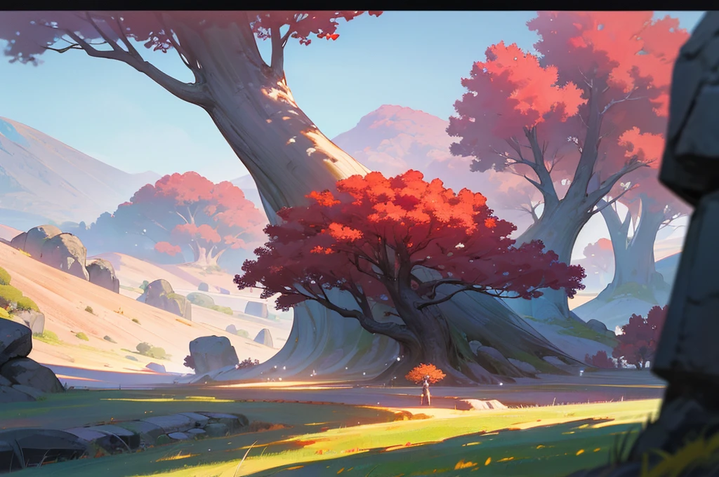 super high quality, hdri, beautiful and fantastically designed, deep crimson, beautiful and fantastic scenery, a medium size tree in the middle, in detail, cinematic parallax, creating scenes that blur the line between reality and the magic of Greek mythology
