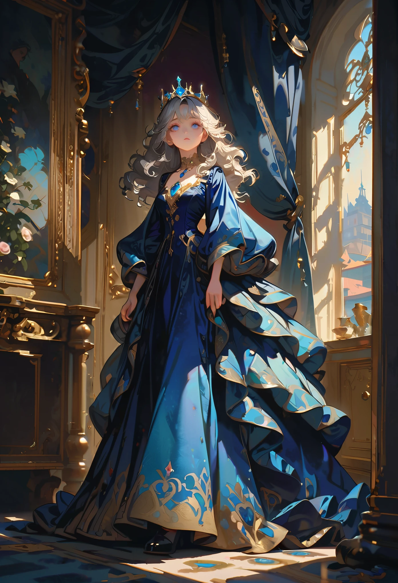 A woman, incomparably beautiful, with a dark blue dress, long silver hair, curly hair, wearing a blue jewel crown, lake blue eyes, a calm expression, very elegant, indifferent, leaning against the curtains, indoors, palaces, resplendent with gold, light golden curtains, candlelight, soft and bright light, looking up,full body,((best quality)),hires,8k