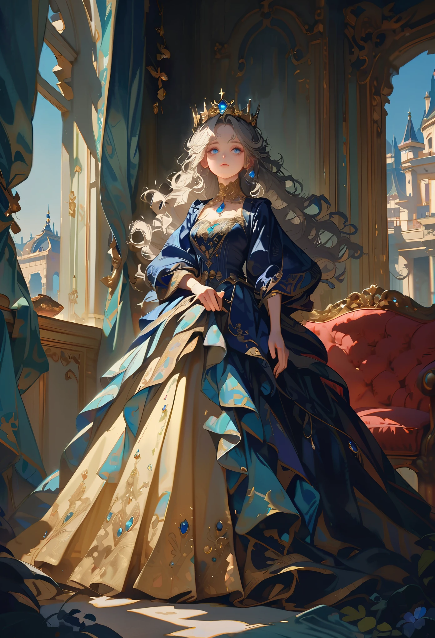 A woman, incomparably beautiful, with a dark blue dress, long silver hair, curly hair, wearing a blue jewel crown, lake blue eyes, a calm expression, very elegant, indifferent, leaning against the curtains, indoors, palaces, resplendent with gold, light golden curtains, candlelight, soft and bright light, looking up,full body,((best quality)),hires,8k