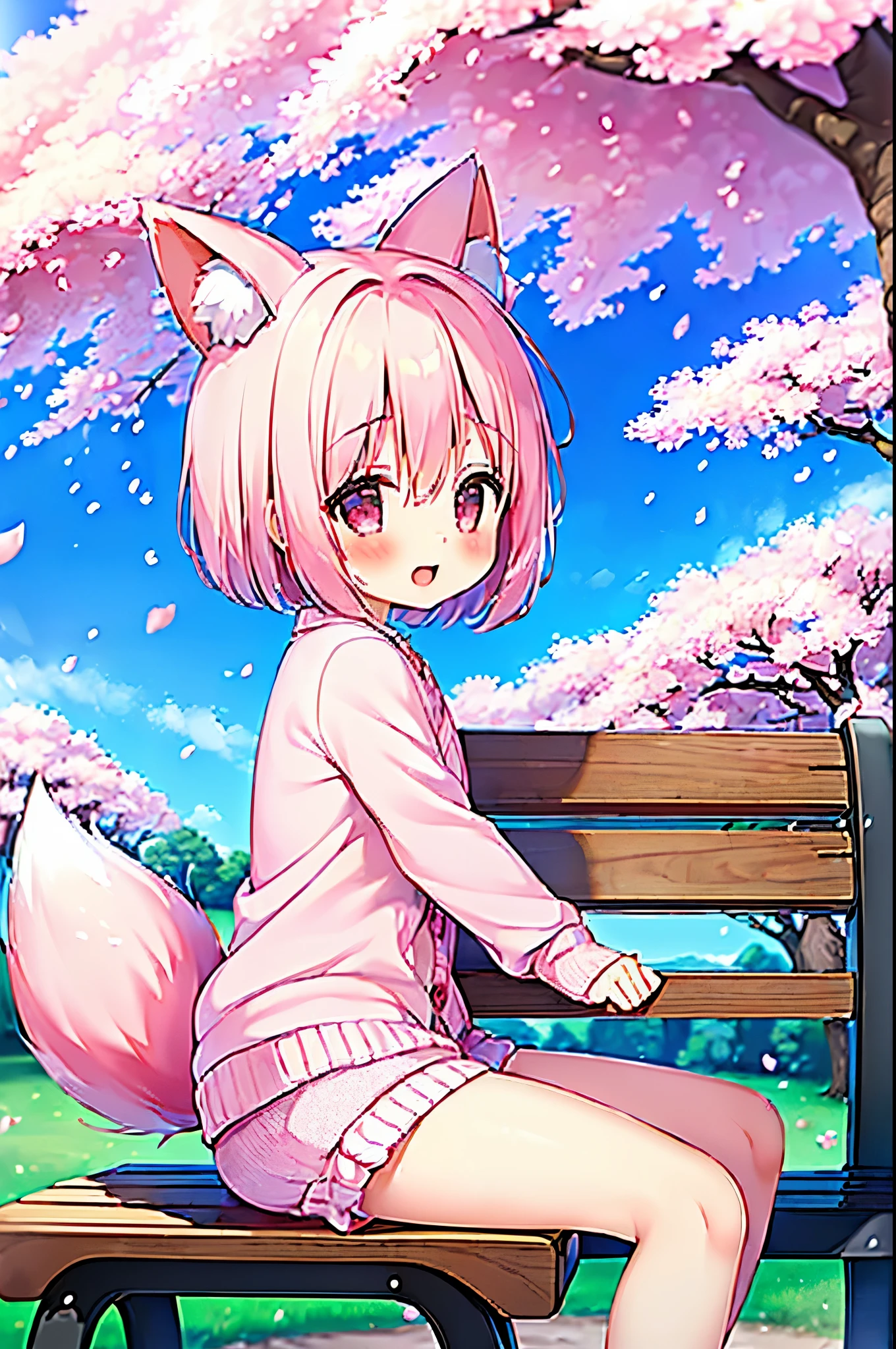 (masterpiece:1.5) (high quality:1.5), (beautiful:1.5), (8K:1.5), (High resolution:1.5), (1 girl:1.5), (pink short hair:1.4), pink short hair:1.4), (Pink fox tail:1.5), (Pink fox tail:1.5), (Pink fox ears), (pink eyes), (short shorts:1.3), (Cute frilly cardigan:1.4), (long sleeve:1.1), (Cherry tree:1.4), (Laughing 1.4), (cowboy shot:1.4), (sitting on a park bench with both knees together:1.4), (Cherry blossom confetti:1.5), (From the side:1.5)