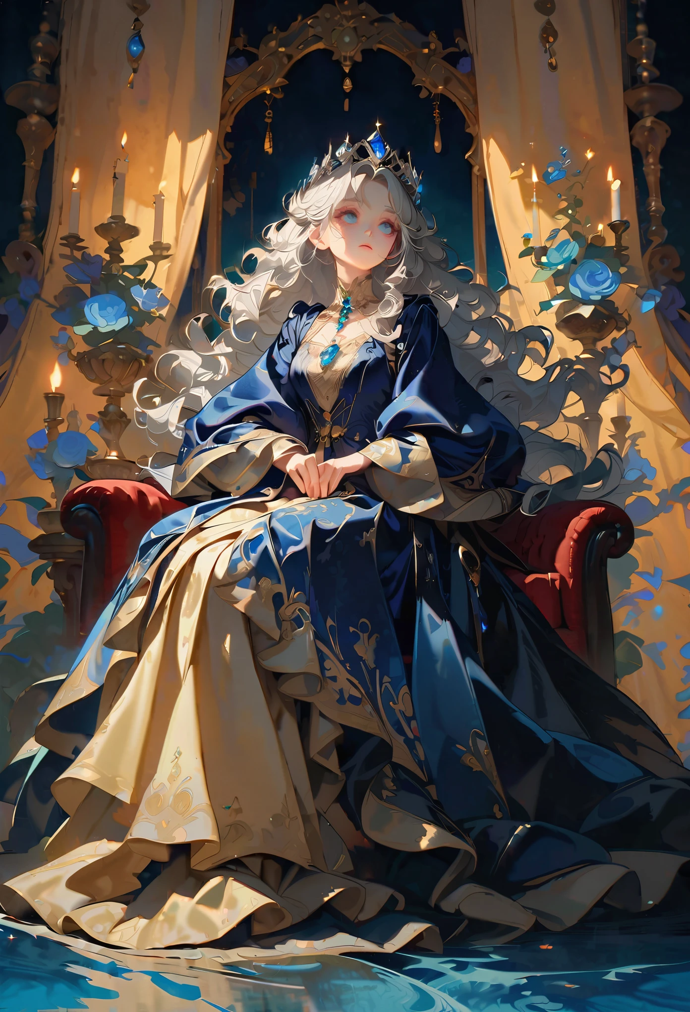 A woman, incomparably beautiful, with a dark blue dress, long silver hair, curly hair, wearing a blue jewel crown, lake blue eyes, a calm expression, very elegant, indifferent, leaning against the curtains, indoors, palaces, resplendent with gold, light golden curtains, candlelight, soft and bright light, looking up,full body,((best quality)),hires,8k