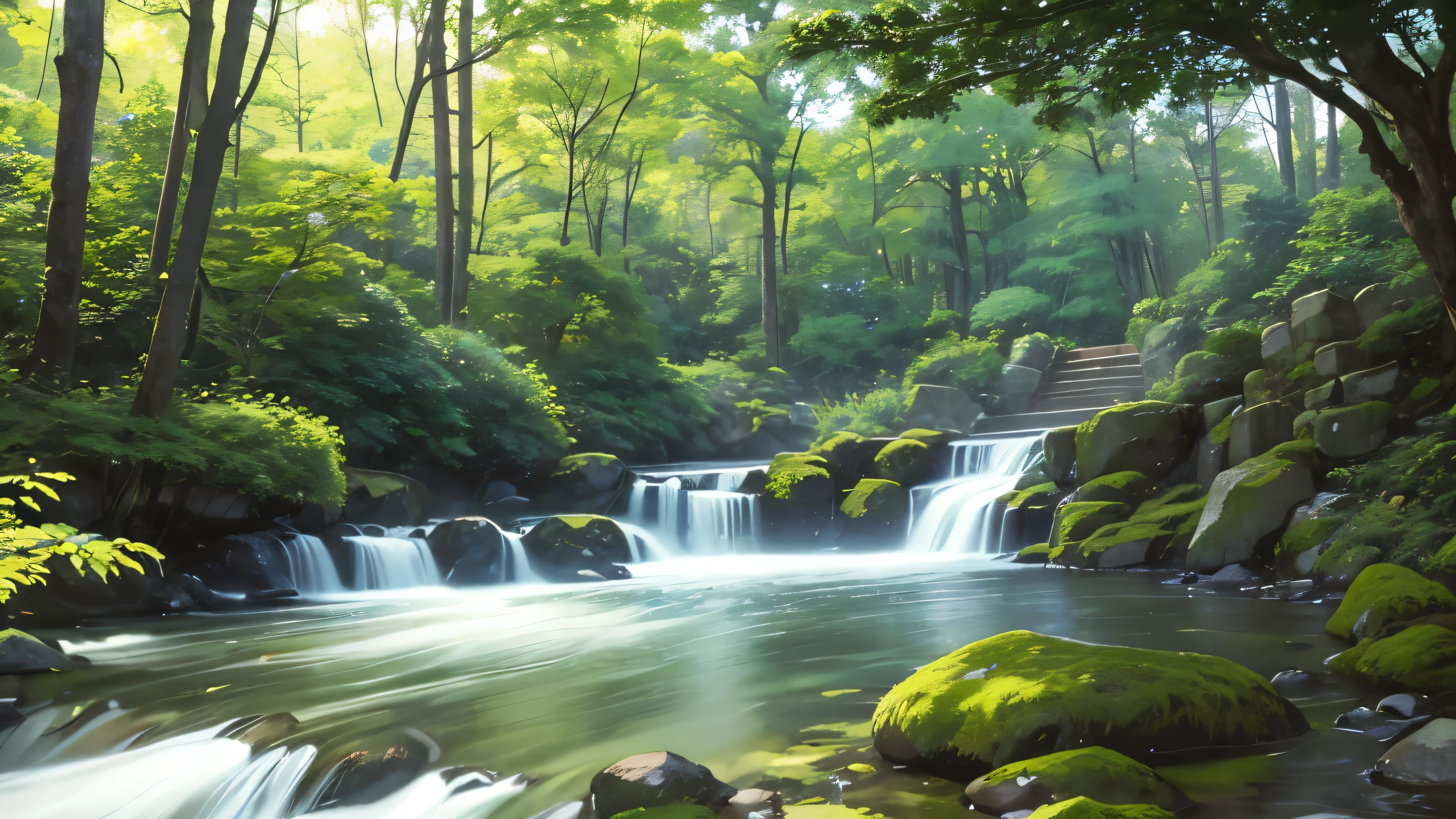 I took a photo of a peaceful moment spent in nature..。wood々Imagine a peaceful landscape bathed in soft morning light.。.。a gentle meandering stream、Surrounded by lush greenery。The overall atmosphere is calm and connected to the natural world.、Highlights the beauty and serenity of outdoor moments。