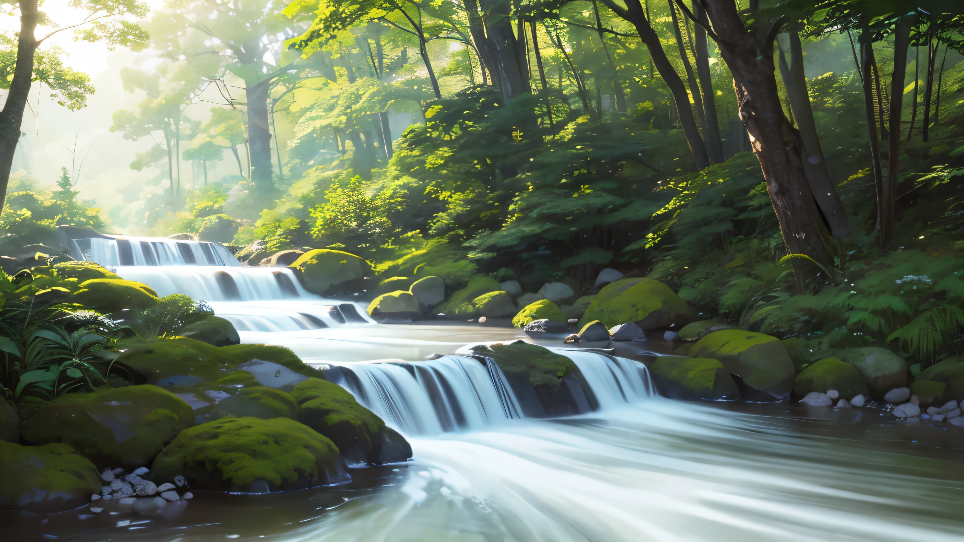 I took a photo of a peaceful moment spent in nature..。wood々Imagine a peaceful landscape bathed in soft morning light.。.。a gentle meandering stream、Surrounded by lush greenery。The overall atmosphere is calm and connected to the natural world.、Highlights the beauty and serenity of outdoor moments。