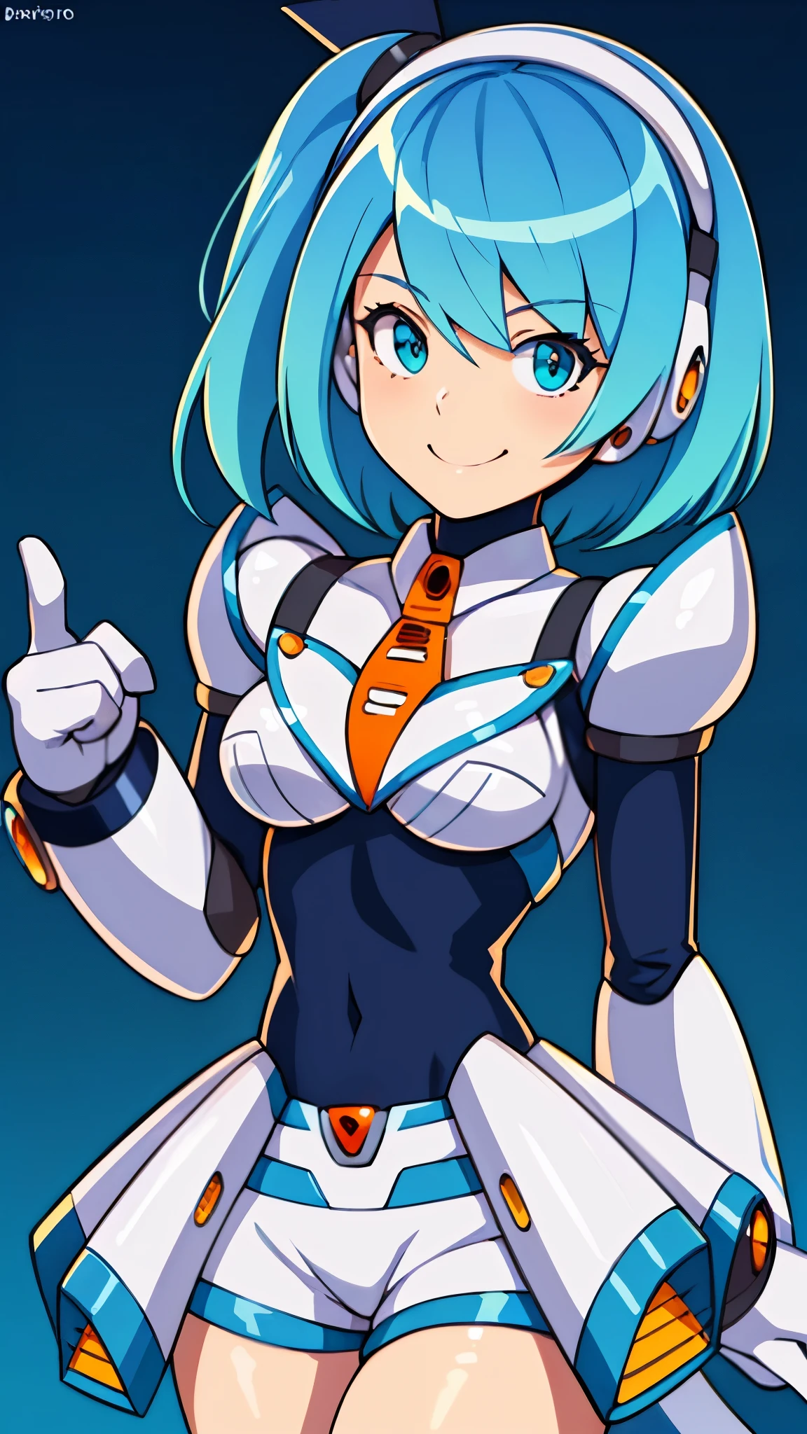 (1girl,solo),(rico_megamanxdive),blue eyes, blue hair, bodysuit, android, smile,side tail, short hair,headphones,white crop tops,white shorts,V pose,ultra-detailed,sharp focus,aesthetic,(best quality)