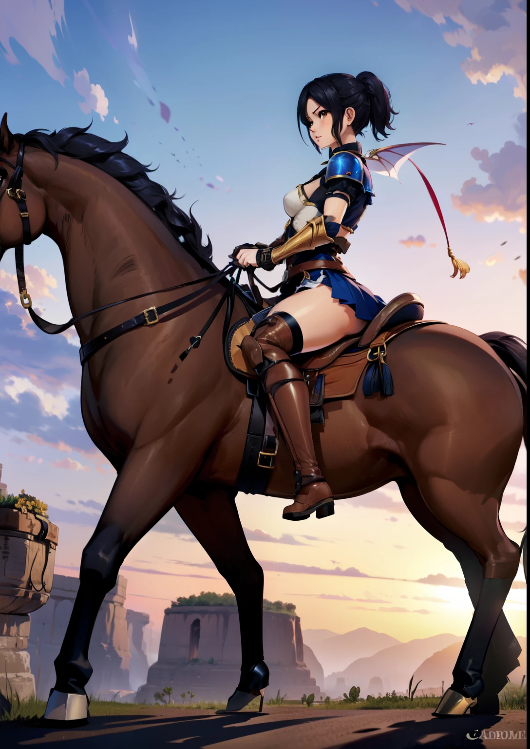 4k, 8k, hdr, wallpaper, ((best quality)), ((masterpiece)), (detailed), FULL BODY, view from side, perfect face, anime style, pixie cut, {black hair}, both hands holding tightly, reins, (female knight, brown eyes, white armor, black miniskirt, golden gauntlet, black boots, (brown horse, horseback riding, saddle, stirups, reins: 1.25), fantasy settings, canyon, open field, gust of wind, anatomically correct