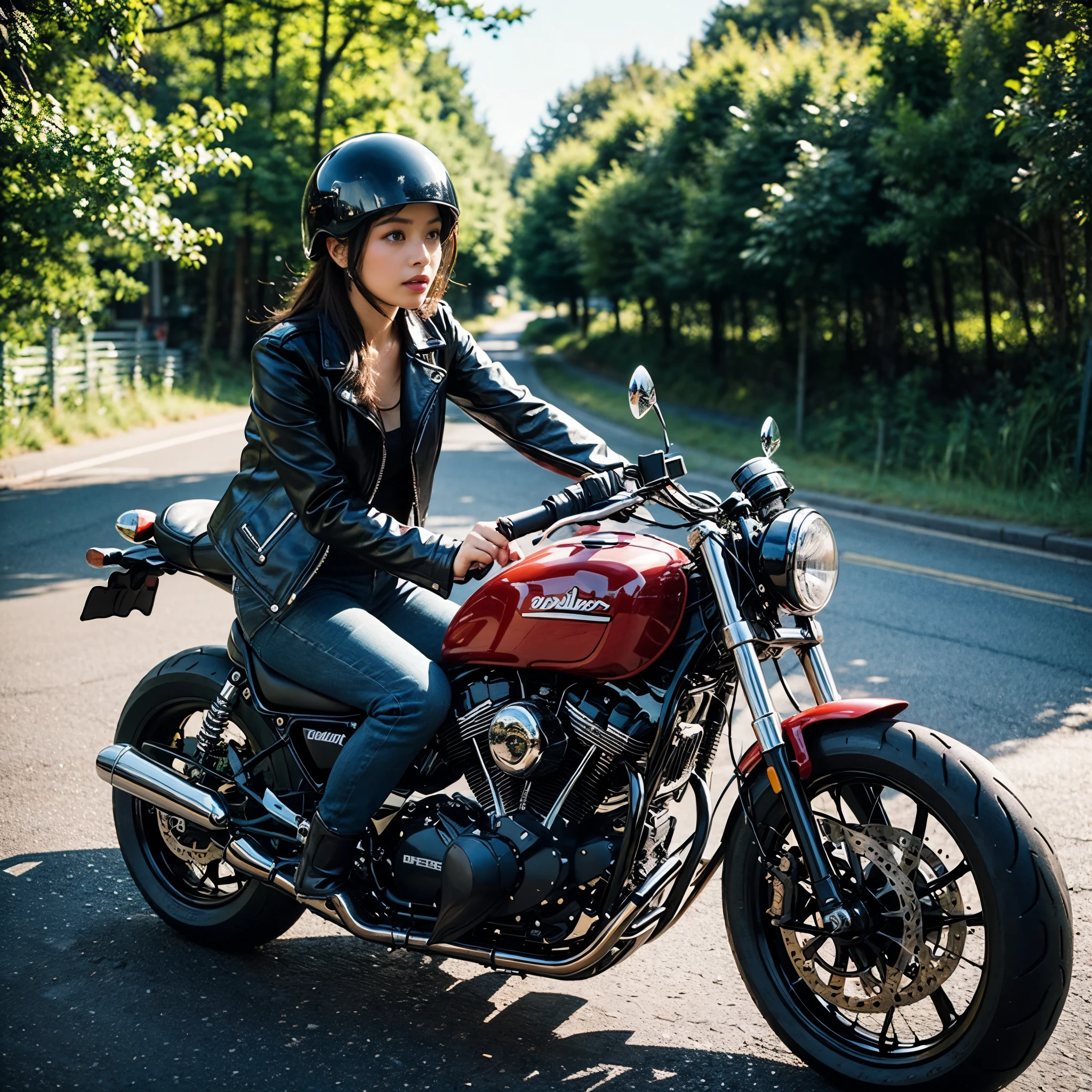 A girl riding a café racer motorcycle, wearing a black leather jacket and black boots, with a retro helmet. The motorcycle has a sleek and glossy black body with silver accents. The girl has beautiful detailed eyes and lips, with long eyelashes. The café racer is speeding through a curved road in the countryside, with trees and green fields in the background. The sunlight is casting a warm and nostalgic glow on the scene. The image should have the best quality, with ultra-detailed rendering and realistic colors. The overall style should be a mix of concept art and photography, with a vintage tone.