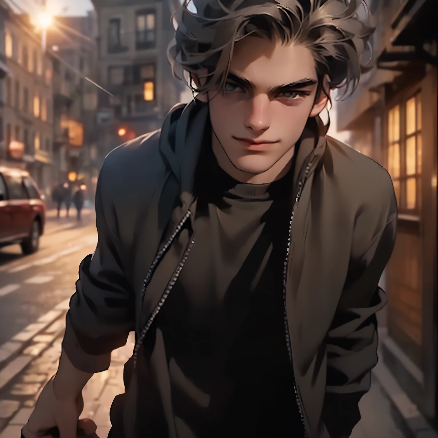 a handsome European male in early twenties looking up with cynical smile, short grayish khaki hair, (((street snap))), wearing black hoodie and blue jeans with his hands in pockets, (((busy afternoon street with sunlight))), highly detailed, cinematic lighting, unreal engine, surrealistic, ultra quality, (((masterpiece))),