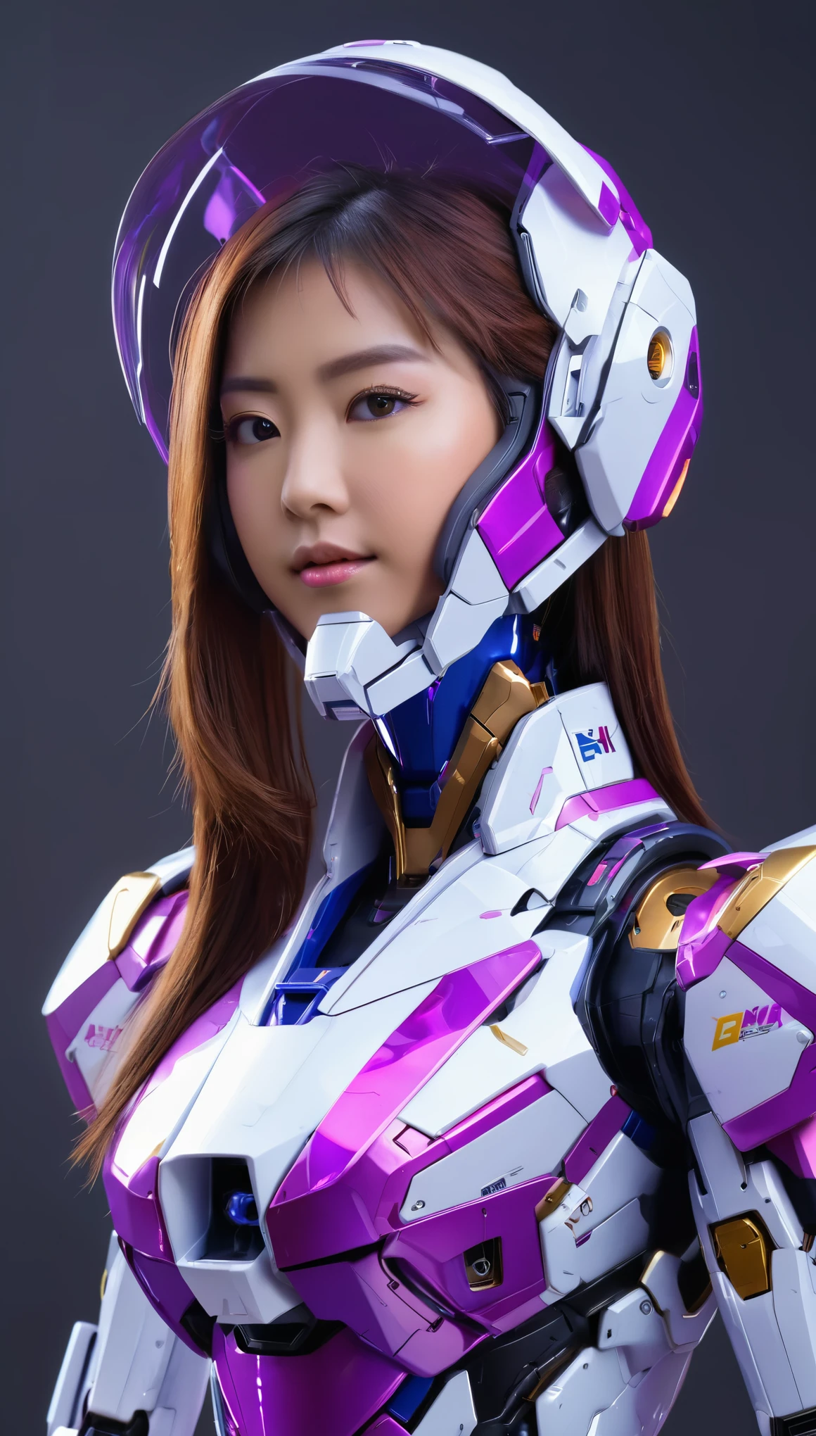 RAW, Masterpiece, Ultra Fine Photo,, Best Quality, Ultra High Resolution, Photorealistic, Sunlight, Full Body Portrait, Stunningly Beautiful,, Dynamic Poses, Delicate Face, wearing a mecha helmet future transparent neon, Vibrant Eyes, a full body of a woman in a purple and white gundam custume, dybamic pose, pny tail long brown very very long hair rapunzel, girl in mecha cyber armor, portrait armored astronaut girl, d. va from overwatch, female mecha, on a gundam, gundam head, chiho aoshima color scheme, mobile suit, streamlined purple armor, fully robotic!! girl, realistic cosplay, gundam armor (dynamic pose) (best cameraview), full body, sit down, full body