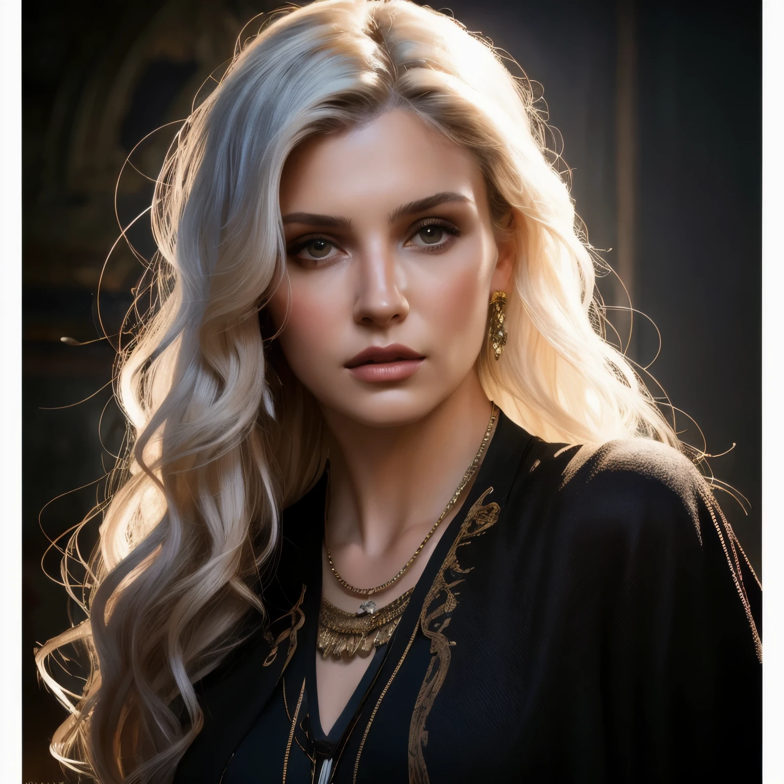 Hyperrealist portrait of female by david hockney and alphonse mucha,fantasy art, photo realistic, dynamic lighting, artstation, poster, volumetric lighting, very detailed faces, 4 k, award winning,, 1girl, in the dark, deep shadow, low key,cowboy shot,(official clothing:1.4) ,long hair,white hair,