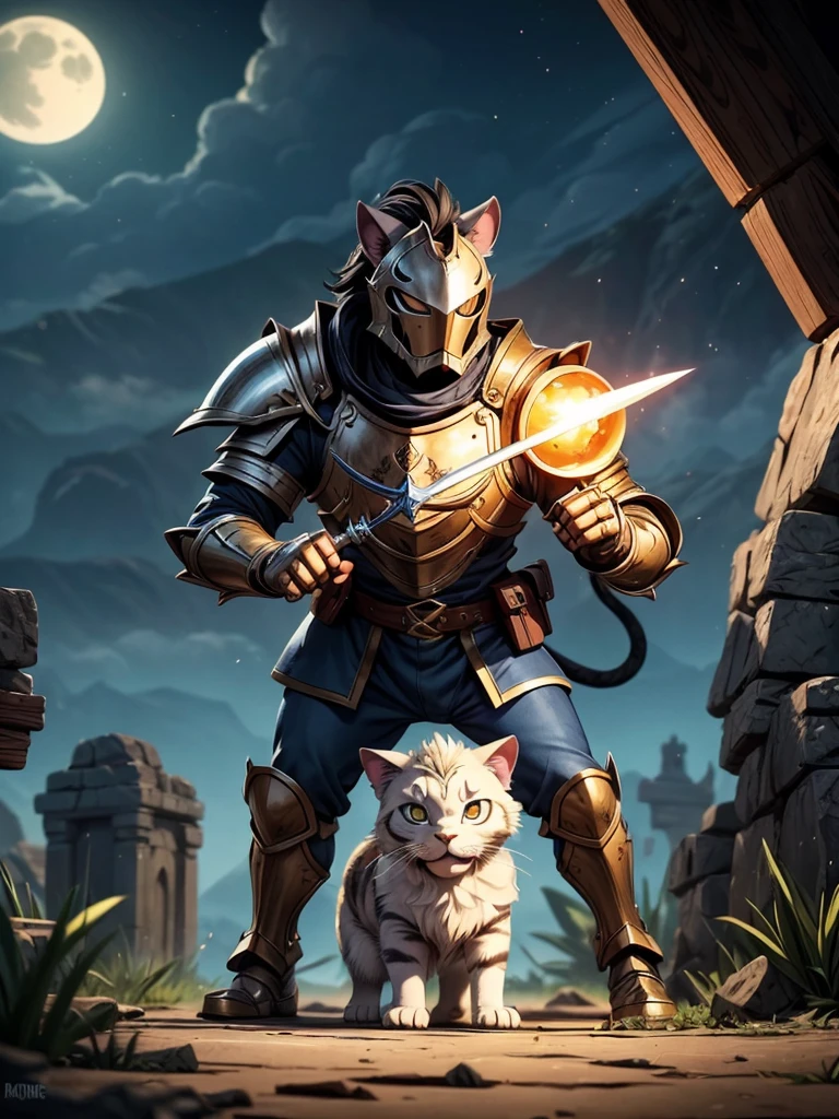 A cat knight engaged in a fierce battle against a dog knight, under the moonlight. The cat knight's armor sparkles with silver reflections, reflecting the soft moonlight. The knight's eyes glow with determination and intelligence, clearly visible through the helmet's visor. The sharp fangs of the cat knight are revealed as it snarls, poised for attack. Its claws, sharp as daggers, are ready to strike. The intricate details of the cat knight's armor, including the engraved lion emblem on its chest plate, showcase the craftsmanship of the highest order.

The dog knight, equally armored and determined, stands its ground with fierce loyalty. Its eyes, intense and unwavering, mirror the fire burning within its soul. The dog knight's muscular physique is a testament to its strength and resilience. The knight's bared teeth and growl display its ferocity, determined to defend its territory.

The moonlight bathes the battlefield, casting an ethereal glow upon the setting. Shadows dance and flicker, adding a touch of mystique to the scene. The surrounding landscape is a mix of dense forest and barren plains. Ancient ruins dot the edges, remnants of a forgotten era. The clash of metal against metal resounds through the air as the two knights engage in their epic duel.

The image quality is of the highest standard, with every detail captured in stunning 4K resolution. The lighting is meticulously designed, illuminating the characters' forms and highlighting the intensity of the battle. The colors are vibrant and vivid, enhancing the overall visual impact.

An artistic touch infuses the scene, combining elements of fantasy and realism. The art style captures the essence of medieval knights, blending it with a touch of whimsy. The color palette reflects a mix of cool blues and warm golden tones, creating a harmonious balance between light and dark.

As the prompt, "(best quality,4k,highres,masterpiece:1.2),ultra-detailed,realistic:1.37" ensures the highest quality image with ultr