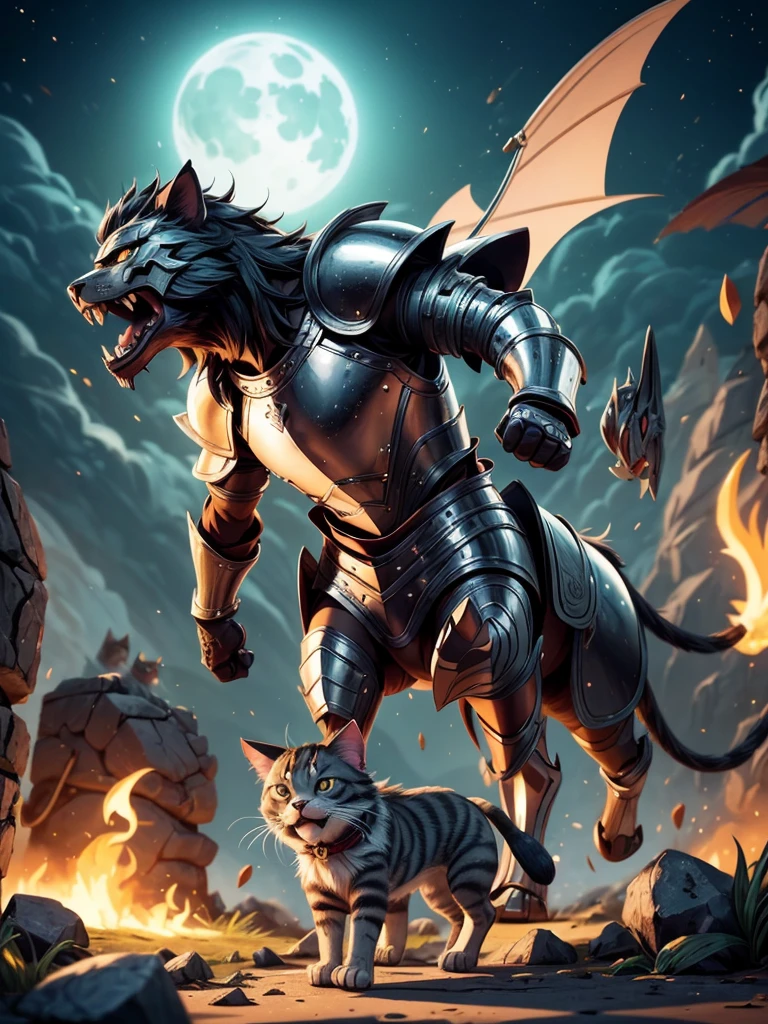 A cat knight engaged in a fierce battle against a dog knight, under the moonlight. The cat knight's armor sparkles with silver reflections, reflecting the soft moonlight. The knight's eyes glow with determination and intelligence, clearly visible through the helmet's visor. The sharp fangs of the cat knight are revealed as it snarls, poised for attack. Its claws, sharp as daggers, are ready to strike. The intricate details of the cat knight's armor, including the engraved lion emblem on its chest plate, showcase the craftsmanship of the highest order.

The dog knight, equally armored and determined, stands its ground with fierce loyalty. Its eyes, intense and unwavering, mirror the fire burning within its soul. The dog knight's muscular physique is a testament to its strength and resilience. The knight's bared teeth and growl display its ferocity, determined to defend its territory.

The moonlight bathes the battlefield, casting an ethereal glow upon the setting. Shadows dance and flicker, adding a touch of mystique to the scene. The surrounding landscape is a mix of dense forest and barren plains. Ancient ruins dot the edges, remnants of a forgotten era. The clash of metal against metal resounds through the air as the two knights engage in their epic duel.

The image quality is of the highest standard, with every detail captured in stunning 4K resolution. The lighting is meticulously designed, illuminating the characters' forms and highlighting the intensity of the battle. The colors are vibrant and vivid, enhancing the overall visual impact.

An artistic touch infuses the scene, combining elements of fantasy and realism. The art style captures the essence of medieval knights, blending it with a touch of whimsy. The color palette reflects a mix of cool blues and warm golden tones, creating a harmonious balance between light and dark.

As the prompt, "(best quality,4k,highres,masterpiece:1.2),ultra-detailed,realistic:1.37" ensures the highest quality image with ultr