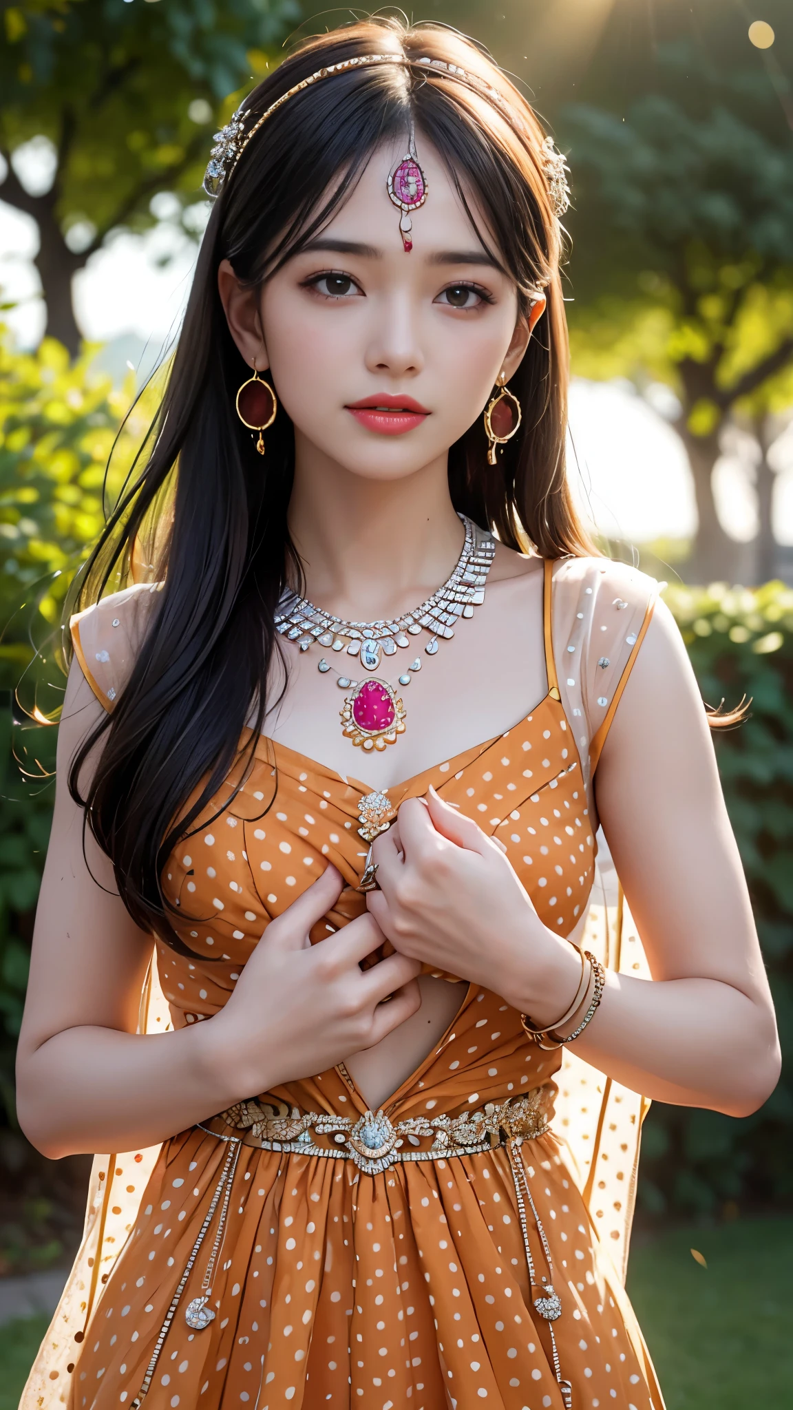 best quality, masterpiece, 1girl, (polka dot dress), orange dress, hair ornament, necklace, (jewellery:1.8), Beautiful face, small breasts, tyndall effect, photorealistic, rim lighting, two tone lighting, (high detailed skin:1.2), dslr, (spreading light:1.5) soft lighting, high quality, volumetric lighting, candid, in the garden, Photograph, high resolution, 4k, 8k, Bokeh,