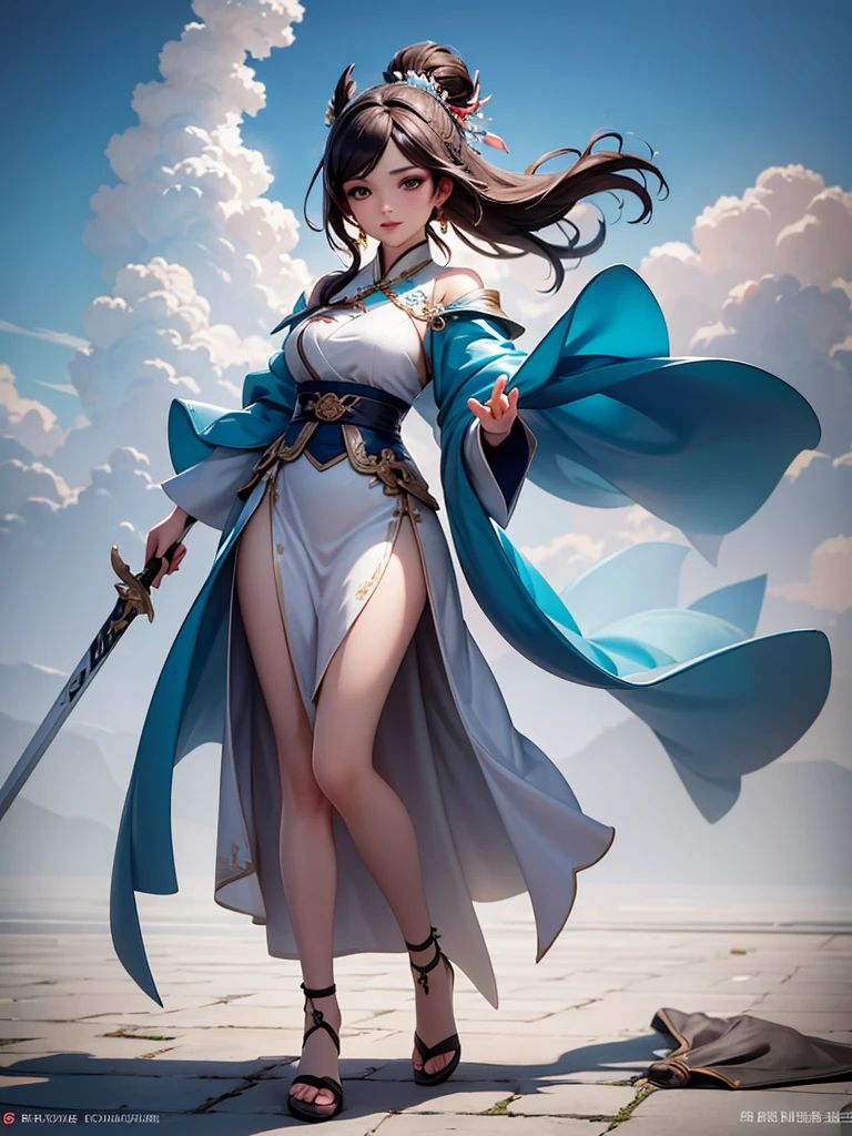 Kizi, in battle stance, standing backwards, a shiny katana (holding it by the handle), very long brown hair, blue colored eyes, skinny, short blue kimono, big-ass, white loincloth (I'm in the shape of a t) with ropes, white lace thigh high stockings, cinematic light, Trees, waterfall, Chinese shrine, blue sky, white clouds,