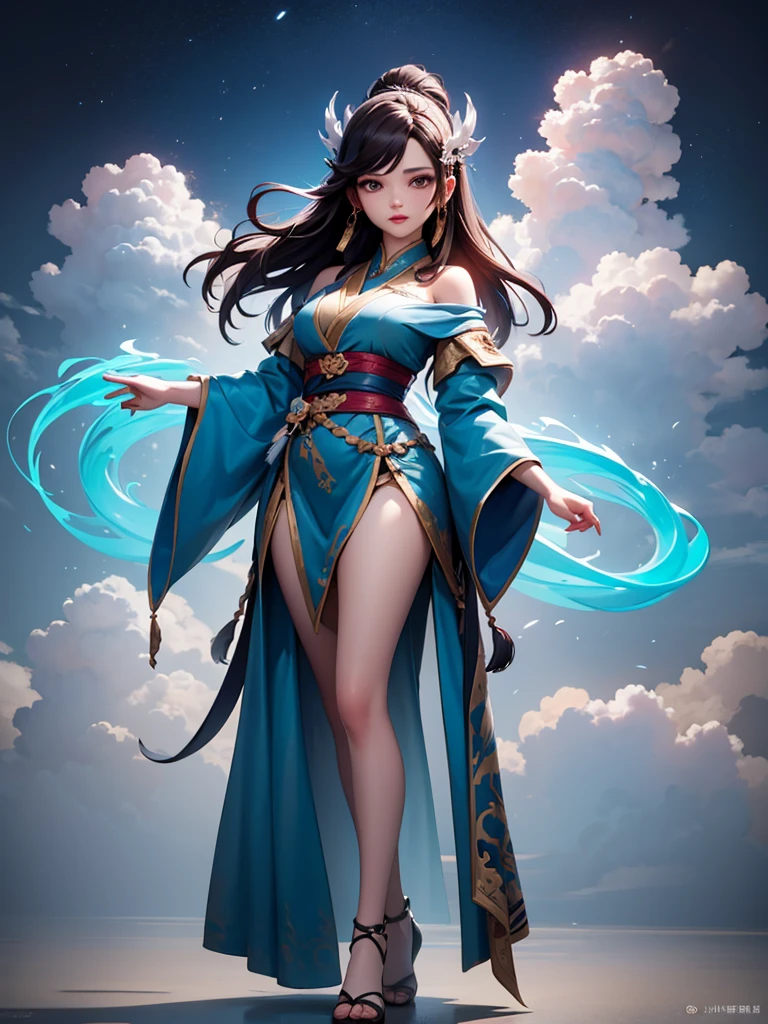 Image of a woman in a blue and white robe, heise jinyao, full body xianxia, Full body martial arts, flowing hair and gown, Photo of a female clergyman, Wearing flowing robes, Inspired by Cao Zhibai, zhao yun, Cotton Cloud Mage Robe, inspired by Wu Daozi,hanfu,Blue magic in the palm of your hand,heise jinyao, full body xianxia, Photo of a female clergyman, flowing hair and gown, zhao yun, Slender Man Fantasy Alchemist, Full body martial arts, Inspired by Cao Zhibai, Wearing flowing robes, Cotton Cloud Mage Robe, sexy female mage,best shadow, sharp focus, masterpiece, (Very detailed CG unified 8k wallpaper),actual,(hanfu),(((Character face))),