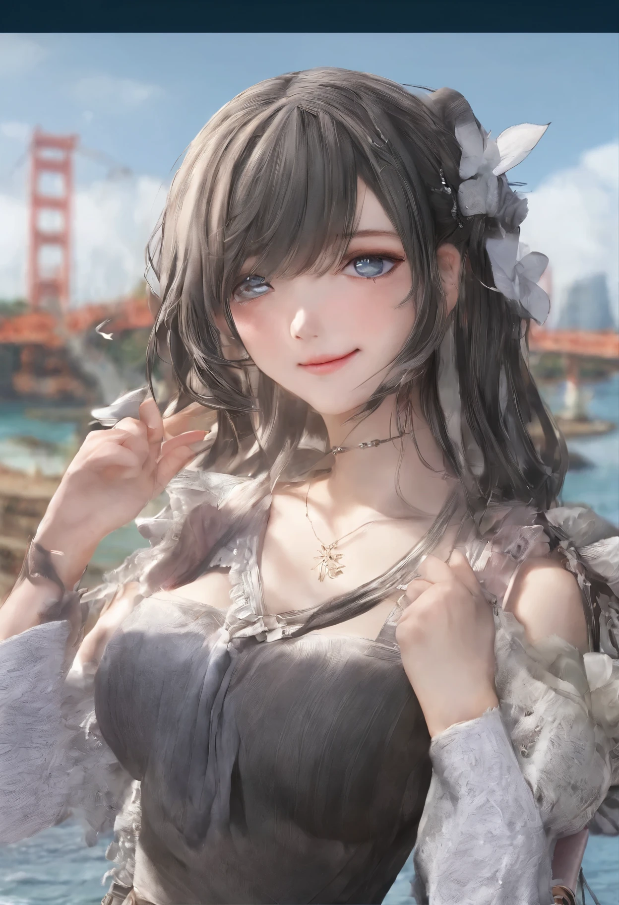 masterpiece,((clear lines)),  Limited color palette,best quality, flat color, low contrast, ((1 girl)),(((An extremely delicate and beautiful girl))),(Beautiful and delicate face),(Beautiful and delicate eyes),{long hair},hair accessories,((Medium chest)),黑色long hair,Headbands,Uniforms , permanent,((looking at the audience:1.6)),,beautiful detailed sky,bright sky,cloudy sky,Sunlight, (detail light),light,rich and colorful,ocean,beach, bridge,on the way to school,skyscrapers, autumn,bust