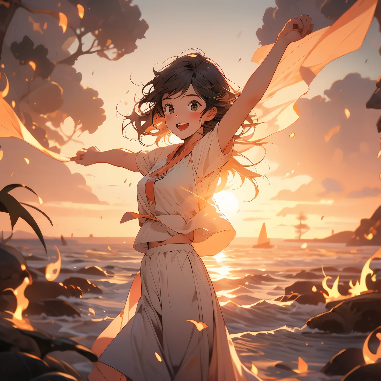 sunrise、girl,Happy,Surrounded by flames,optimism、Motivated、Sunlight