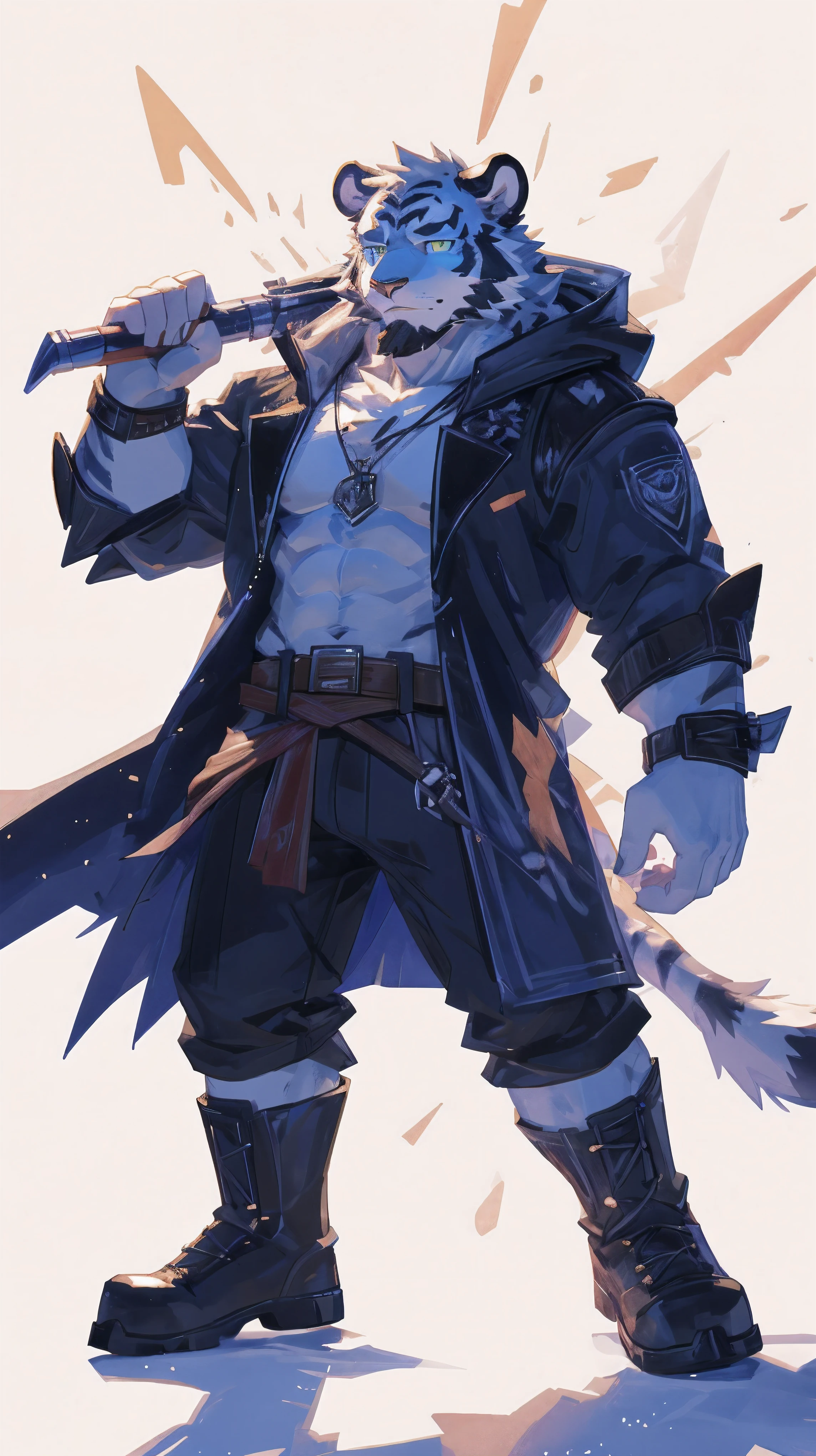 (masterpiece:1.2), best quality,pixiv,official art,perfect anatomy, (Ray tracing, light),solo, (1_male:1.3) , (muscle), (dynamic poses:1.3), (ultra deTailed), sharp focus, Negi, eyes, (glowing cyan eyes), hairy, (white fur:1.6),(muscle white tiger), (beard:1.3), tiger Tail, less strip, Thick eyebrows,open hoodie, naked inside, cargo shorts, boots, ultra deTailed face, high deTails, high quality, (best quality,4K,8K,high resolution,masterpiece:1.2),bright colors, float in the sky, reach hand, (white background:1.3), (light flow:1.3), colorful light glow