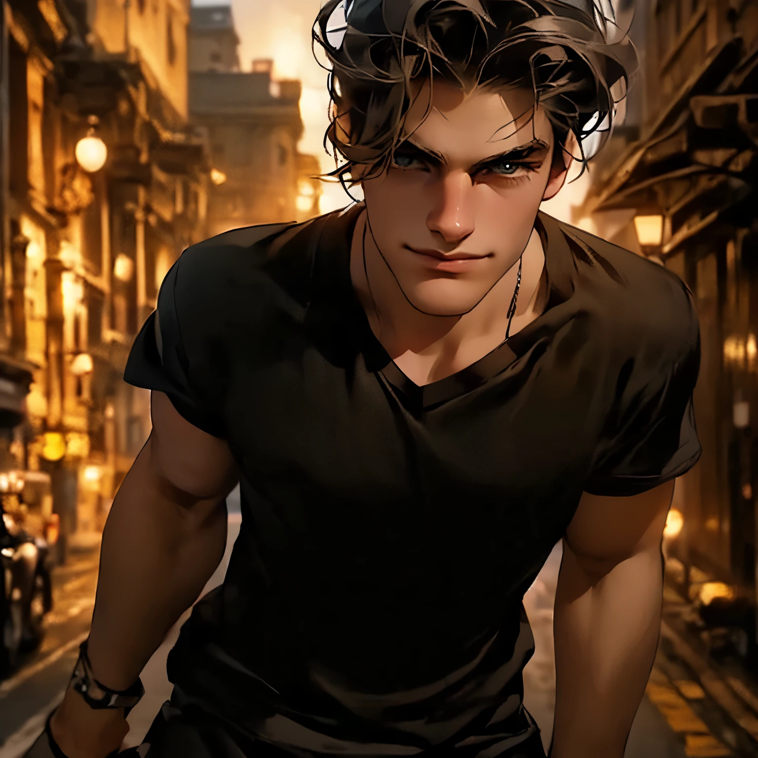 a handsome European male in early twenties with tender smile, short grayish khaki hair, dark blue eyes, (dynamic pose:1.5), (cowboy shot:1.5), wearing (((black V-neck T-shirts))) and dark brown leather pants with engineer boots, busy afternoon street with sunlight, highly detailed, cinematic lighting, unreal engine, realistic, ultra quality, (((masterpiece))),
