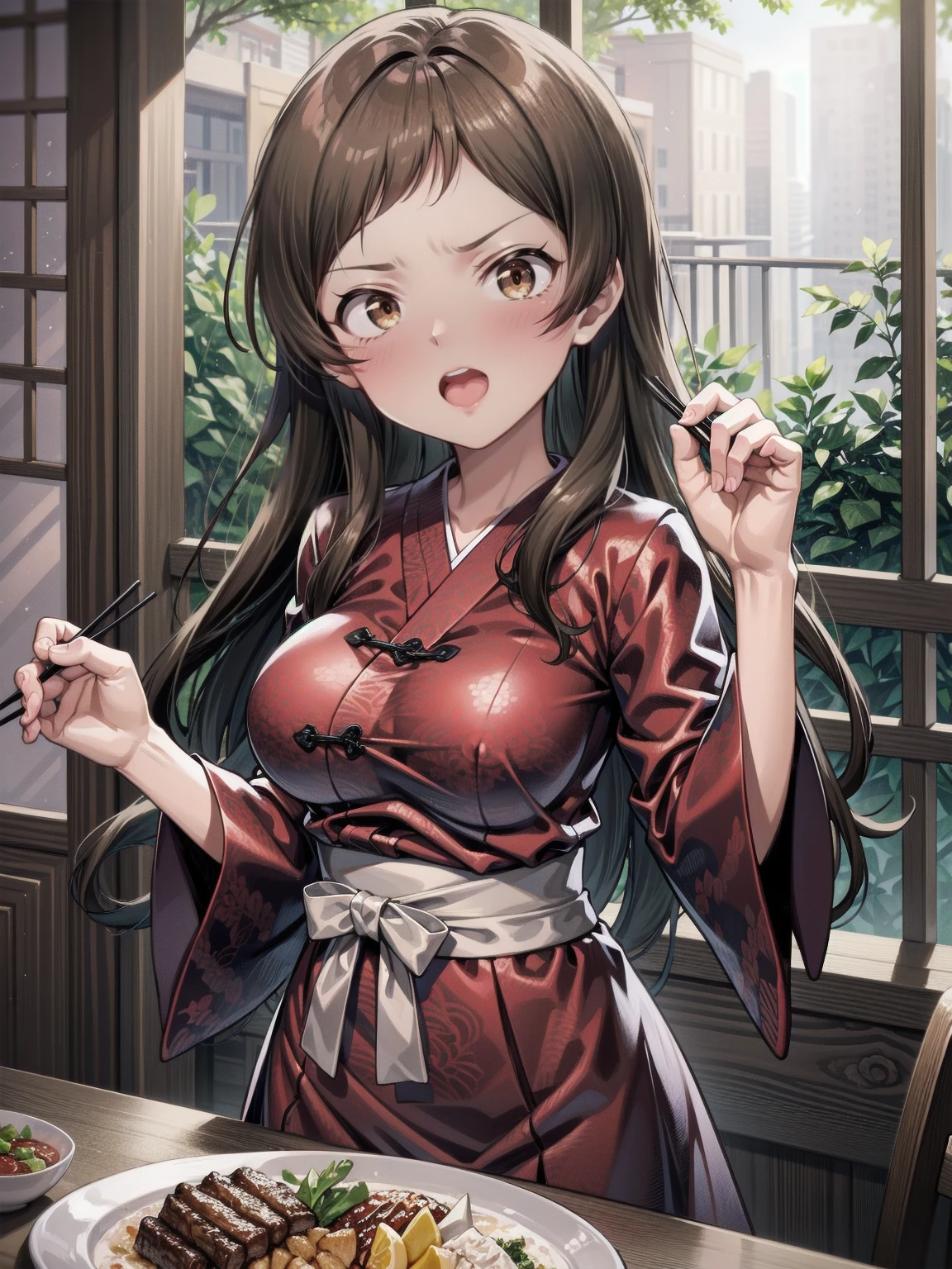 young furry cute little bunny girl with long messy brown hair, RED eyes, wearing a black and red Japanese , wearing a pink pet collar, family friendly
