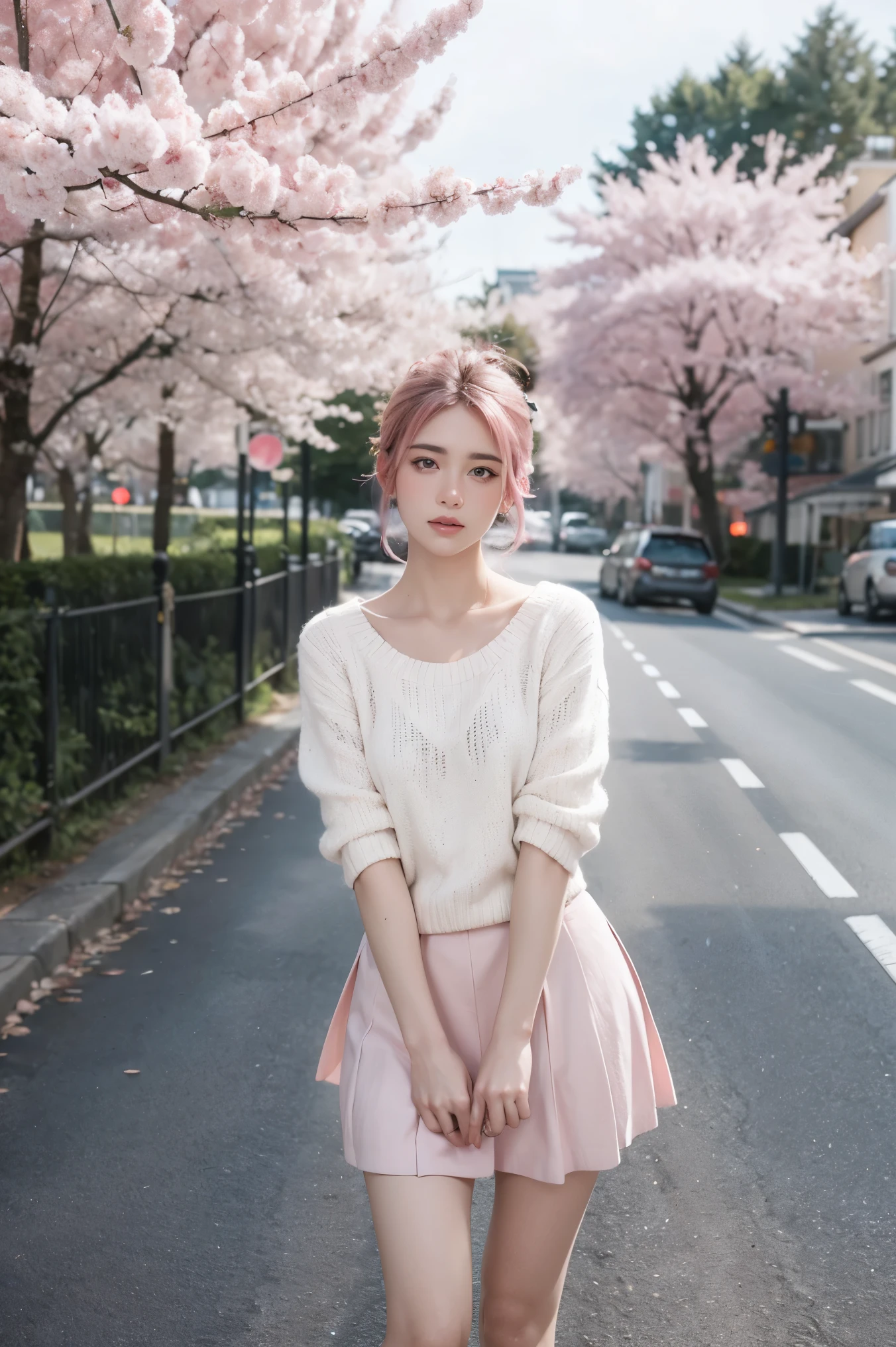 masterpiece, best quality, Super detailed, illustration, wide angle, 1 girl standing in the middle of the road, alone, Middle road and pink cherry blossom trees on the roadside, whole body, 1920s, pink hair, sweater, short skirt, Fashion,, work, balance, , rhythm, color, Light, shadow, reflection, refraction, Tone, Compared, prospect, middle ground, background, naturalistic, metaphorical, Representative，Highly detailed facial and skin textures, delicate eyes,surreal，Super real photos，Very detailed CG unified 8k wallpaper，（masterpiece），（best quality），（Super detailed），（Super real photos），（Best character details：1.36），脸上有Light, 电影灯Light，illustration, Very detailed，Level verbose, High resolution, Very detailed, best quality, masterpiece