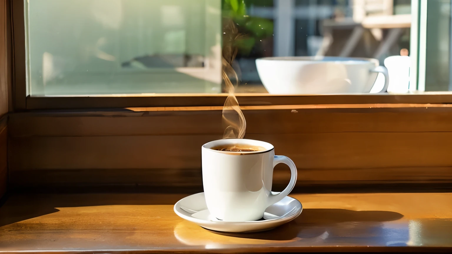 photorealistic, White mug, coffee, Inside the cafe, window seat, wooden table, A composition with a window reflected in the background, Mug on the right side of the screen