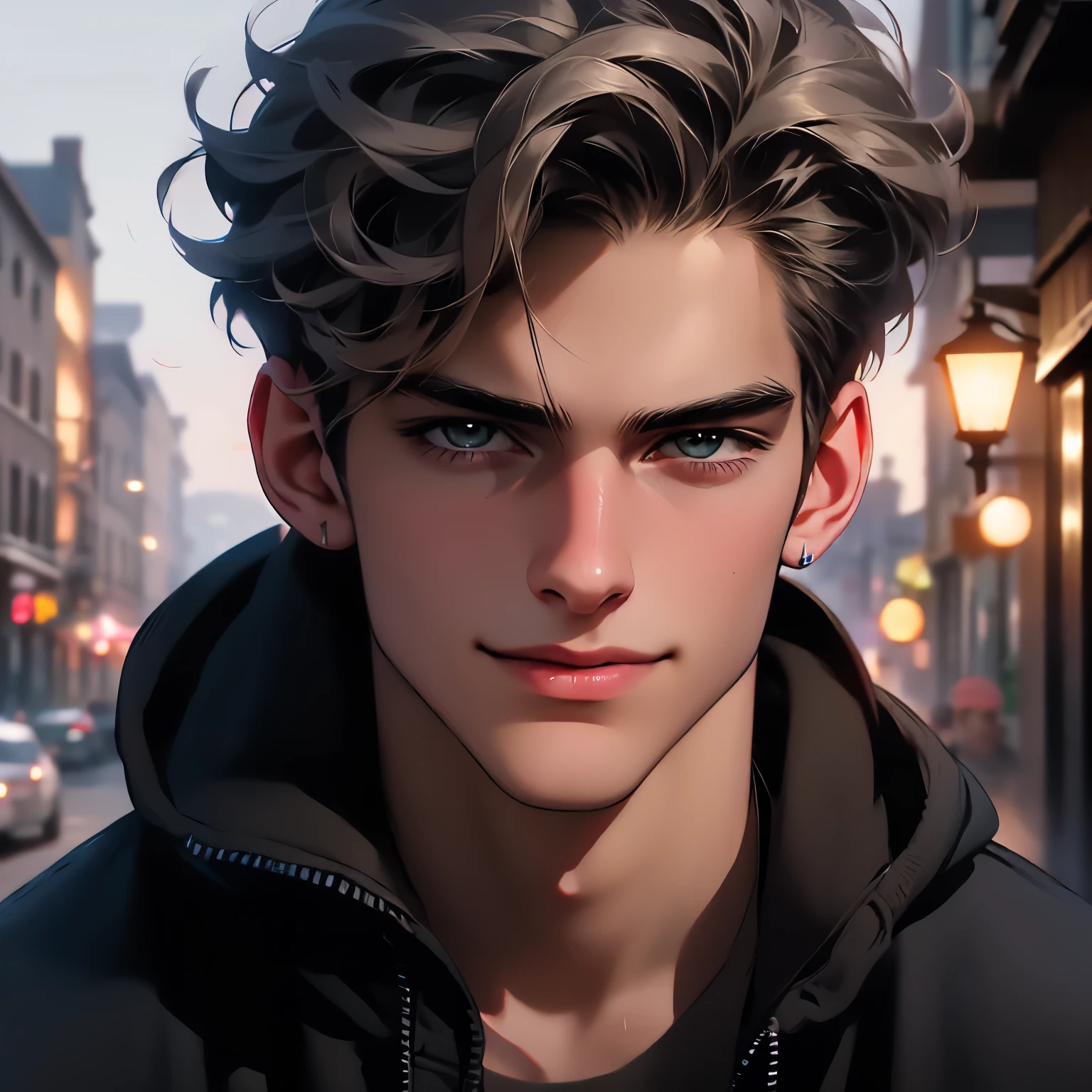 a handsome European male in early twenties looking up with cynical smile, short grayish khaki hair, (((street snap))), wearing black hoodie and blue jeans with his hands in pockets, busy afternoon street with sunlight, highly detailed, cinematic lighting, unreal engine, surrealistic, ultra quality, (((masterpiece))),