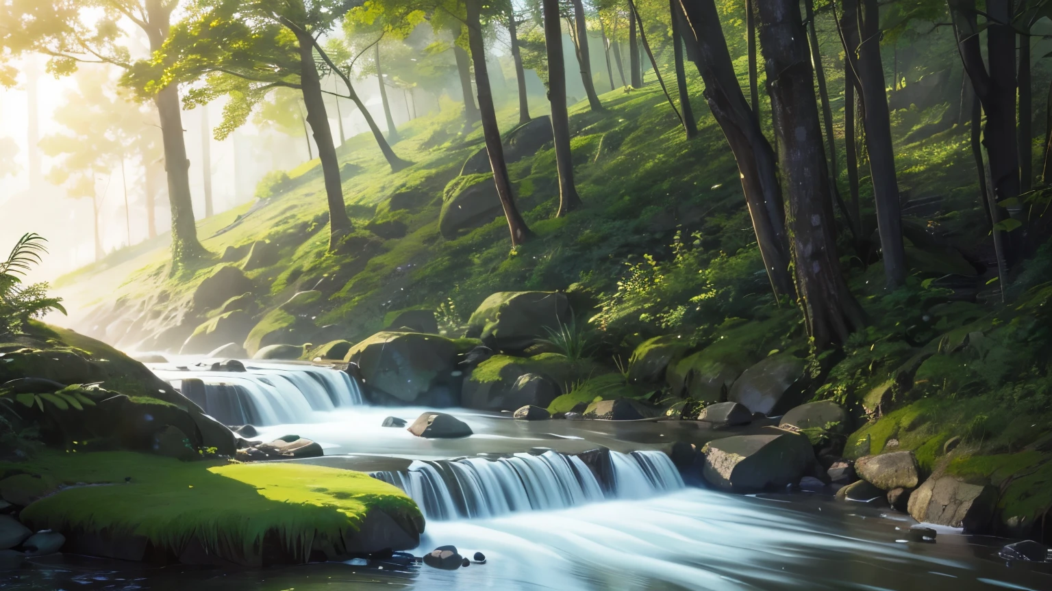 I took a photo of a peaceful moment spent in nature..。wood々Imagine a peaceful landscape bathed in soft morning light.。.。a gentle meandering stream、Surrounded by lush greenery。The overall atmosphere is calm and connected to the natural world.、Highlights the beauty and serenity of outdoor moments。