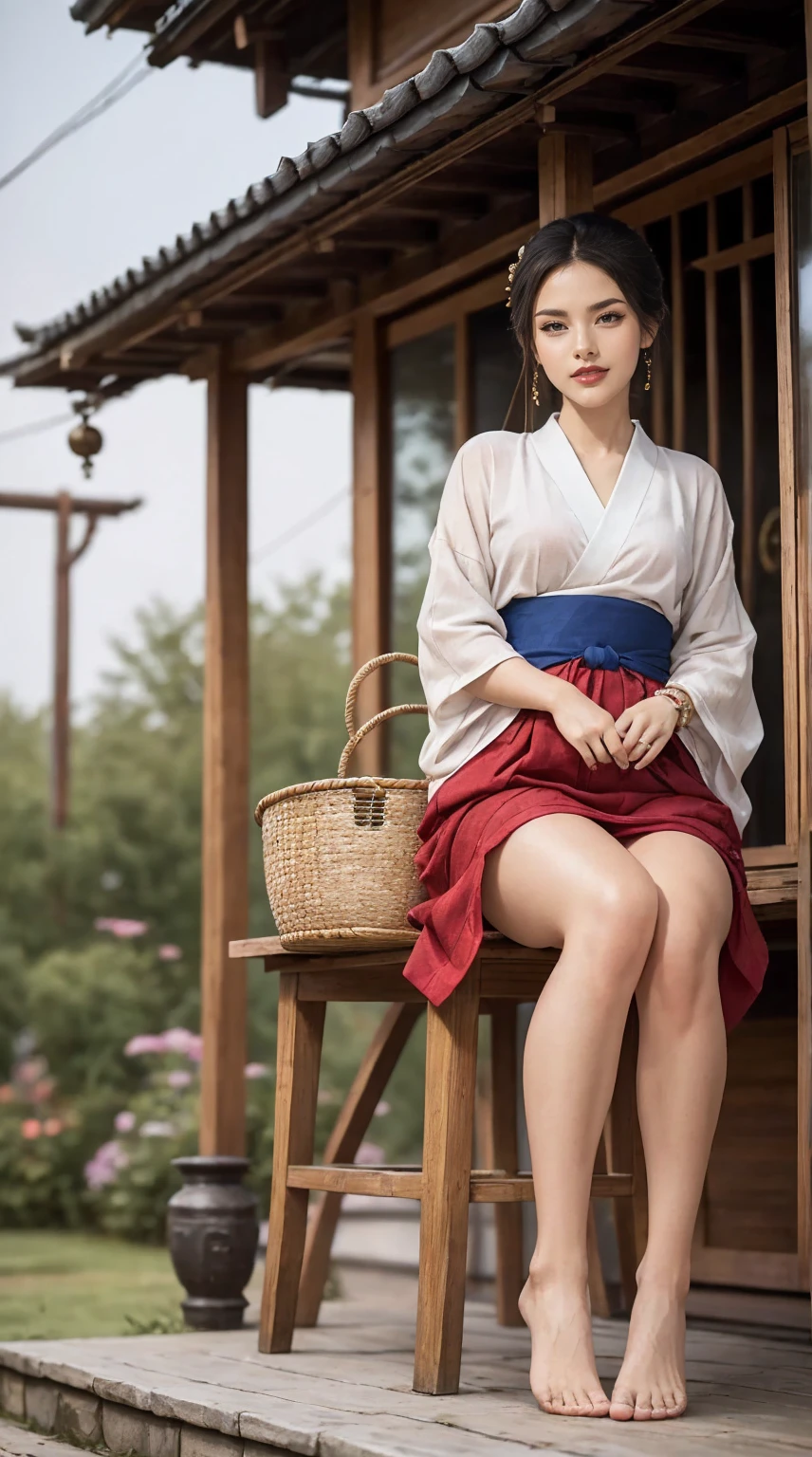 ((最high quality, 8K, masterpiece: 1.3, Ultra HD, high quality, 最high quality, High resolution, realism)) 、A 22-year-old extremely beautiful white woman、Hair color is brown、blue eyeedium hair、straight hair、smile、Slender but well-proportioned muscular body、Athlete-like body type、I don&#39;t want my head to disappear from the screen.、Wearing accessories on your wrist、Wearing red nail polish、I have a peticure、Sitting on the veranda of a Japanese house in the Japanese countryside、It&#39;s summer、A wind chime is hung in front of the eaves.、barefoot、There is a basket full of tomatoes and carrots on the veranda.、The basket is made of woven bamboo strips、A courtyard spreads out in front of the verandah.、There is a well with a hand pump in the courtyard.、wear a yukata、smile showing teeth((grin ))
