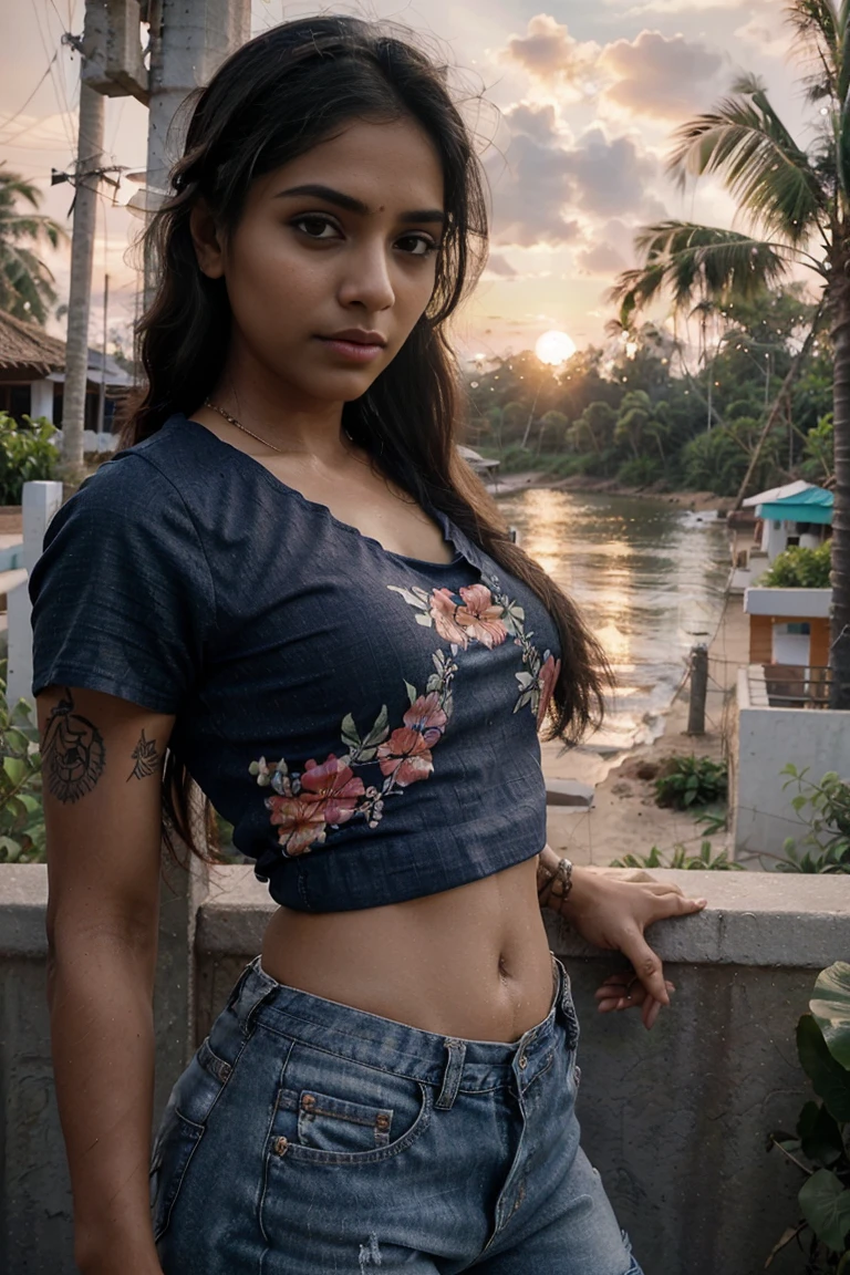 30 year old indian woman, sexy shirt and short jeans, long dense braided hair, tropical sea beach, ultra realistic, realism, cute, charming, dusk time, sunset, tattooed hands, medium height, big eyes, sexy, ambient lighting, perfect anatomy, detailed body, 8k