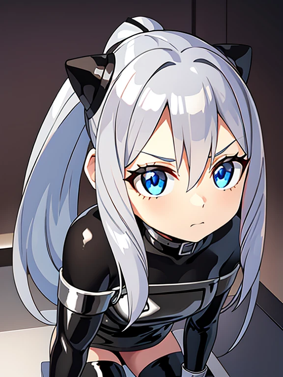 , long silver hair, ponytail,Silver latex mini skirt ,blue eyes,silver good