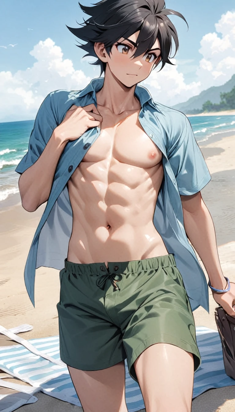 black hair, short hair, brown eyes, hair between eyes, ash ketchum, dark green shorts, light blue shirt open unabuttoned showing his chest and abdomen, on beach 