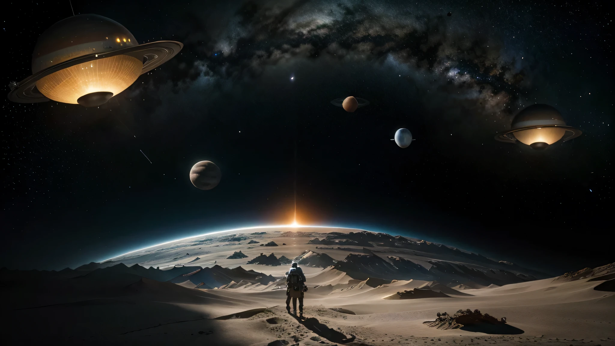 Craft an ultra-high-resolution image of the solar system inspired by classic science fiction. Depict each planet as a unique world with its own alien landscapes and futuristic technology. Incorporate innovative visual elements such as flying saucers, space stations, and exotic flora and fauna to create a captivating scene.