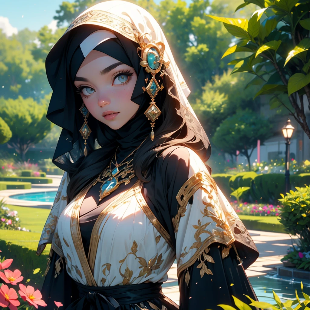 (a busty Malaysian woman, age 30, wearing a hijab and a crab-themed bikini) stands gracefully in a vibrant garden. She has expressive, beautiful eyes, detailed lips, and a warm smile on her face. With long eyelashes that enhance her captivating gaze, she exudes confidence and charisma. The scene is bathed in vivid colors, enhanced by HDR and studio lighting, creating a visually striking composition. The overall image quality is of the highest standard, ensuring every detail is sharp, ultra-detailed, and realistic, as if the viewer could step into the artwork. The woman's hijab and crab-themed bikini are carefully designed, featuring a blend of intricate patterns and vibrant colors. The hijab complements her outfit, adding an elegant touch to her appearance. The material used for the bikini is ethereal and flowing, matching the movement of the surrounding foliage. Surrounded by lush greenery, the garden showcases a variety of vibrant flowers, with each petal lovingly detailed. The vibrant colors of the flowers contrast beautifully against the deep green hues of the leaves, creating a harmonious balance. The garden atmosphere is further accentuated by the presence of a softly trickling fountain, adding a sense of tranquility to the scene. In the background, a small sign adorned with the Crab Shack diner logo is waved by the woman, who invites passersby to try the delicious seafood delicacies available at her workplace. The sign is creatively crafted, incorporating elements of the ocean and crabs, enticing potential customers with its captivating design. The overall style of the artwork combines elements of portraiture and landscape, allowing the viewer to appreciate both the woman's beauty and the natural surroundings. The art style is inspired by the works of concept artists, who effortlessly blend realism and creativity. The lighting in the scene is soft and warm, casting gentle shadows that accentuate the woman's features and the garden's depth. The sunlight