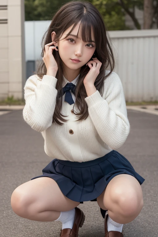 elegant, masterpiece, intricate, realistic, best quality, absurdres, detailed high face detail, perfect eyes, illustration, detailed, kawaii bad girl, feet out of frame, mini skirt, serafuku, kneehighs, loafers, squatting, wind blowing hair, smooth hair, beautiful hair, detailed hair, messy hair, short hair,