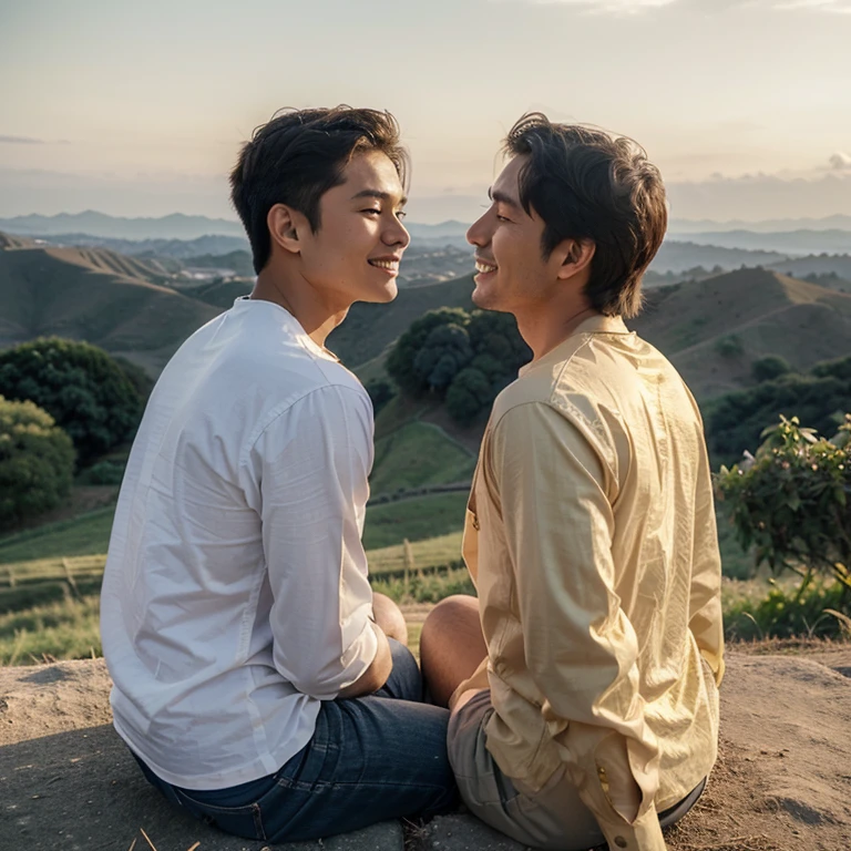 Two men looking at each other with smiles and love wearing, white long sleeves and shirt, the other one brown long sleeves, both has short hairs and good looking, sitting on a hill, filipino looking the skies are golden scenery like vintage 1970s, the picture is viewed from the back and upper, the background should be golden scenery of the skies should be seen more